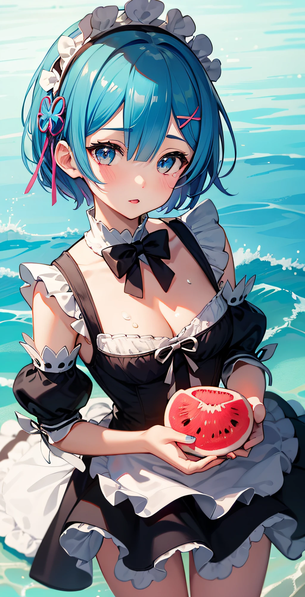 masterpiece, best quality;1.3), ultra detailed, ooking at viewer, rem_re_zero, Facial close-up,blue hair, short hair, maid uniform, hair ornament, cleavage, maid headdress, detached sleeves, masterpiece, top quality, best quality, 1 ***********, swimsuit party, in the water,fish,watermelon,cute style, perfect structure, summer theme，