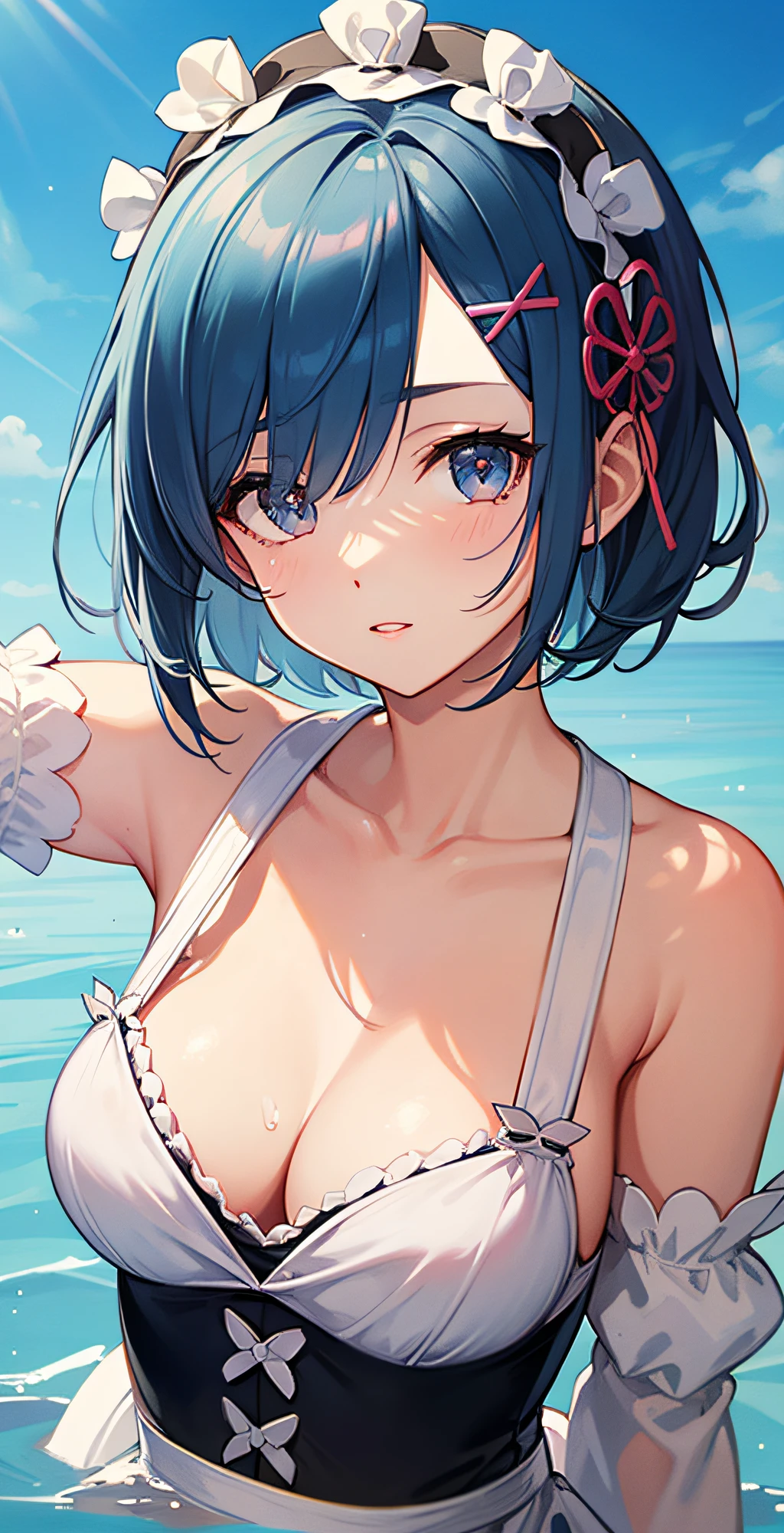 masterpiece, best quality;1.3), ultra detailed, ooking at viewer, rem_re_zero, Facial close-up,blue hair, short hair, maid uniform, hair ornament, cleavage, maid headdress, detached sleeves, masterpiece, top quality, best quality, 1 girl, swimsuit party, in the water,fish,watermelon,cute style, perfect structure, summer theme,