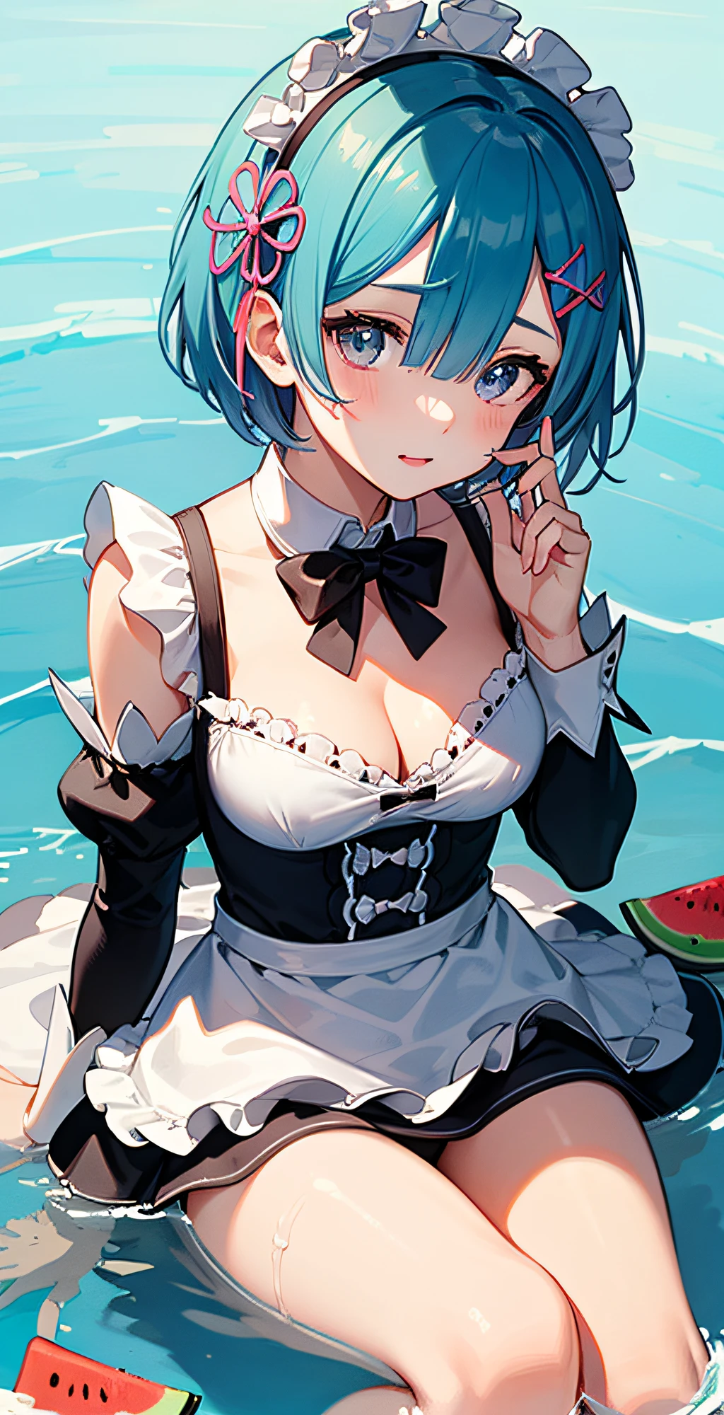 masterpiece, best quality;1.3), ultra detailed, ooking at viewer, rem_re_zero, Facial close-up,blue hair, short hair, maid uniform, hair ornament, cleavage, maid headdress, detached sleeves, masterpiece, top quality, best quality, 1  girl, swimsuit party, in the water,fish,watermelon,cute style, perfect structure, summer theme，