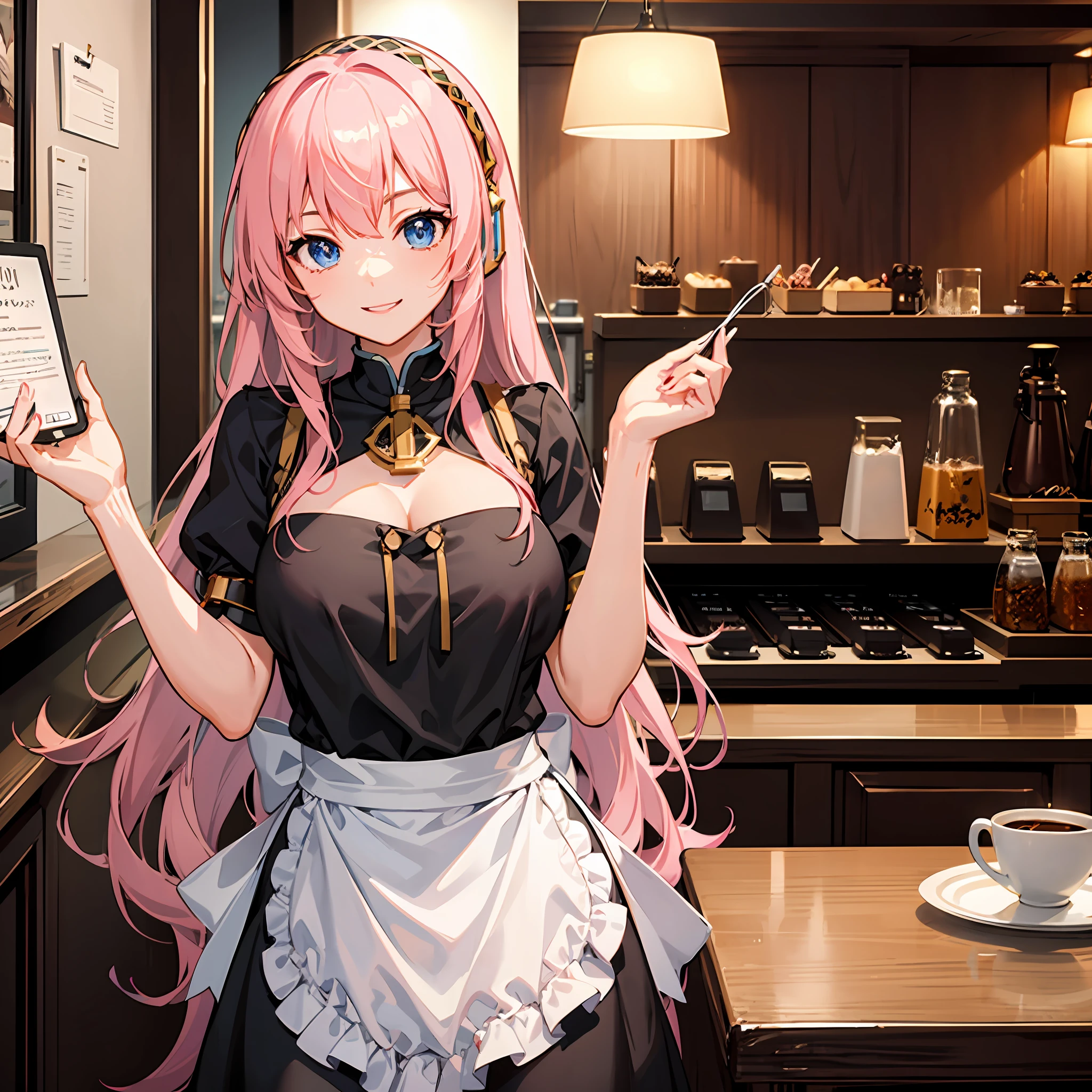 Megurine Luka, pink long hair, VOCALOID, blue eyes, top quality, big breasts, apron, coffee shop background, smile,