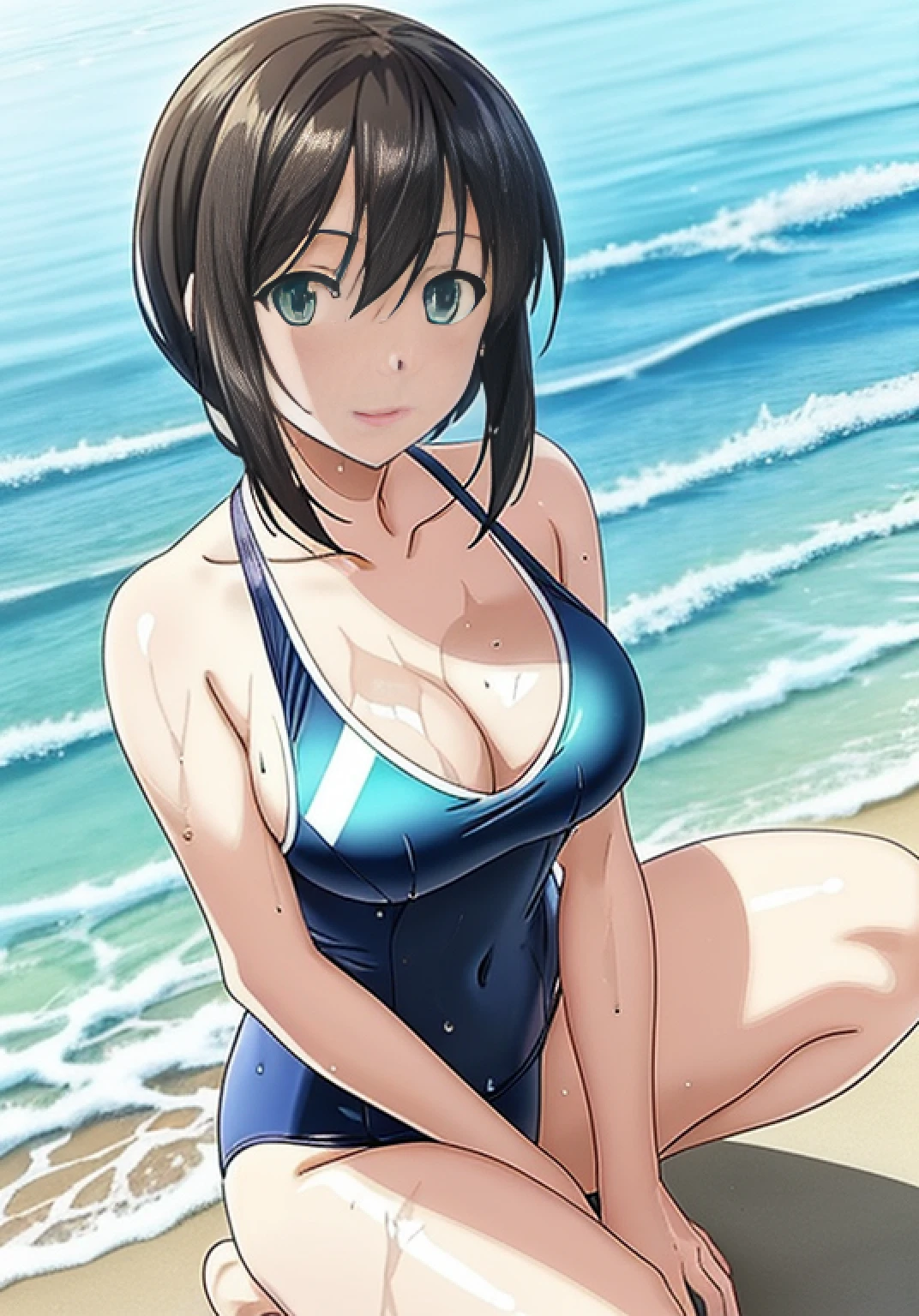 Anime girl in blue swimsuit in the water, Fubuki, [4K Digital Art]!, by Shimoyasu, Swimsuit, Kantai Collection Style, Smooth Anime CG Art, Wet Swimsuit, Clean Detailed Anime Art, Anime Moe Art Style, Realistic Bikini, Beautiful Anime Girl Crouching, Seductive Anime Girl, On the Beach, Rei Ayanami