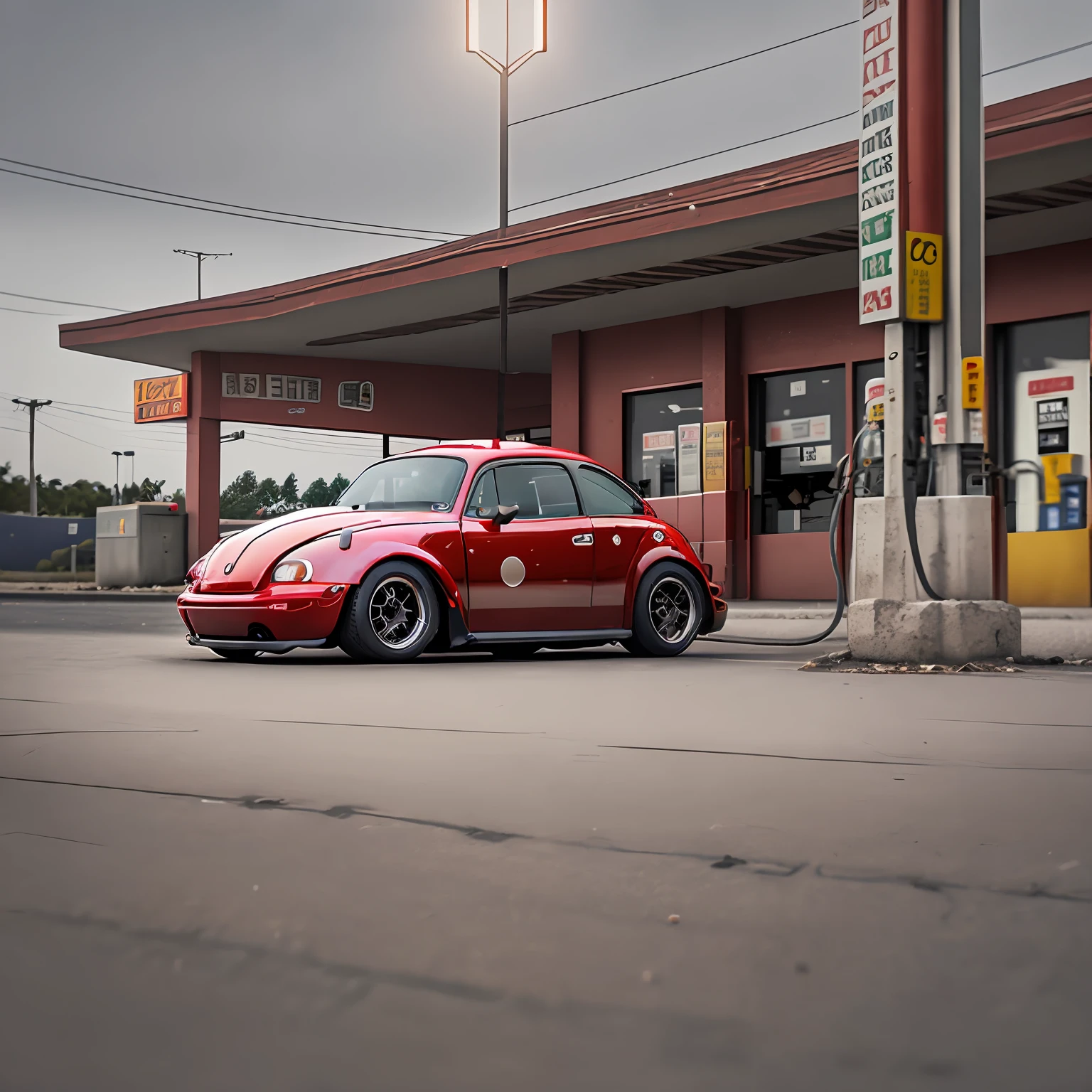 Red beetle around gas station, (Punk style SD15:1.0), (Masterpiece: 1.2) (Realistic:1.2) (Bokeh) (Best quality) (Detail skin) (Complex) (8k) (HDR) (Cinematic lighting) (Clear focus)