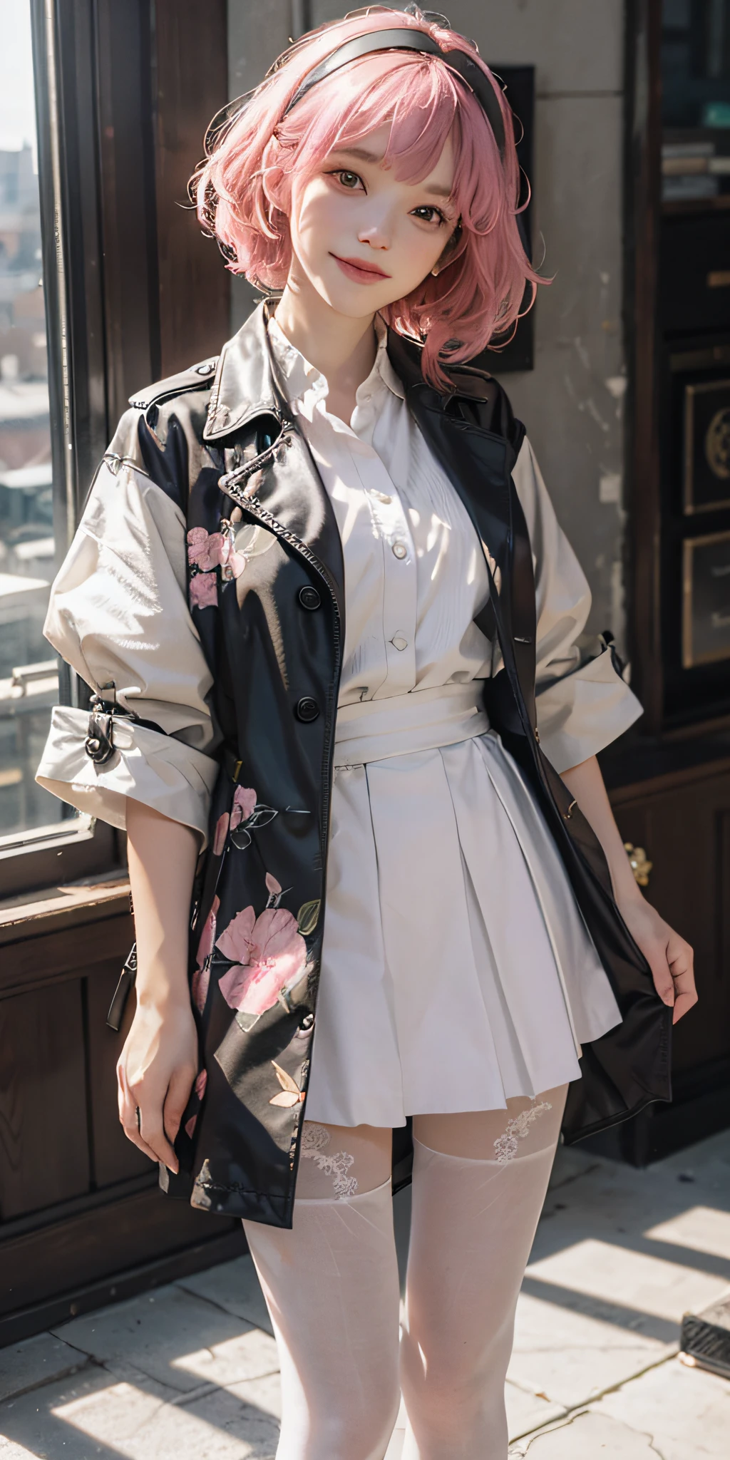 Best Quality, Masterpiece, High Resolution (Realistic: 1.4), 4K, 1 Girl, JKstyle, Short Sleeves, Skirt, Smile, , City View, Indoors, Hair Tie, Head Tilt, Headband, Trench Coat, Pink Hair, Texture, Window, plaid_skirt, High Quality Shadow, White Pantyhose, Single Light Source, Blurred Foreground, Depth of Field, Low Profile, Cinematic Lighting,