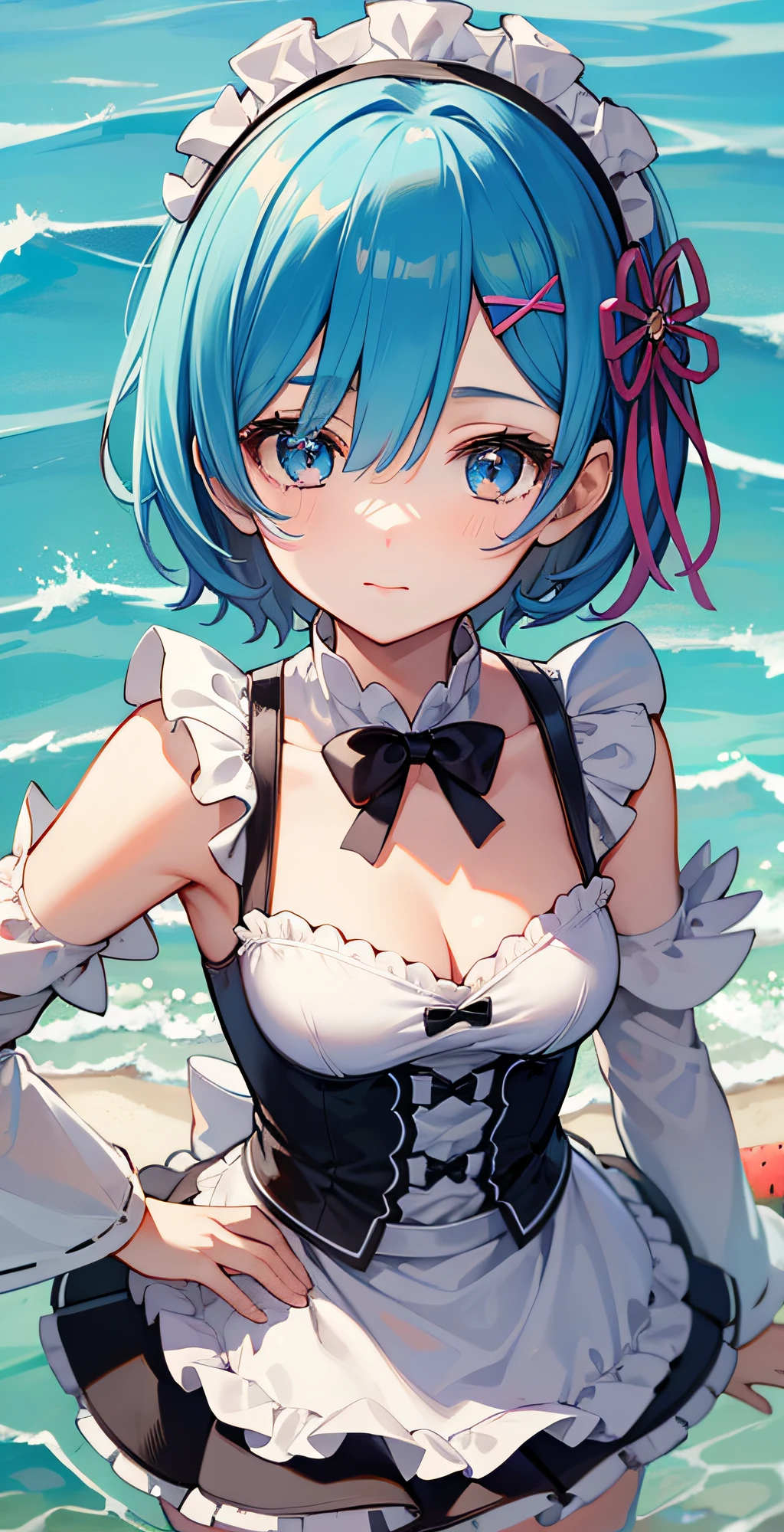 masterpiece, best quality;1.3), ultra detailed, ooking at viewer, rem_re_zero, Facial close-up,blue hair, short hair, maid uniform, hair ornament, cleavage, maid headdress, detached sleeves, masterpiece, top quality, best quality, 1 little girl, swimsuit party, in the water,fish,watermelon,cute style, perfect structure, summer theme,