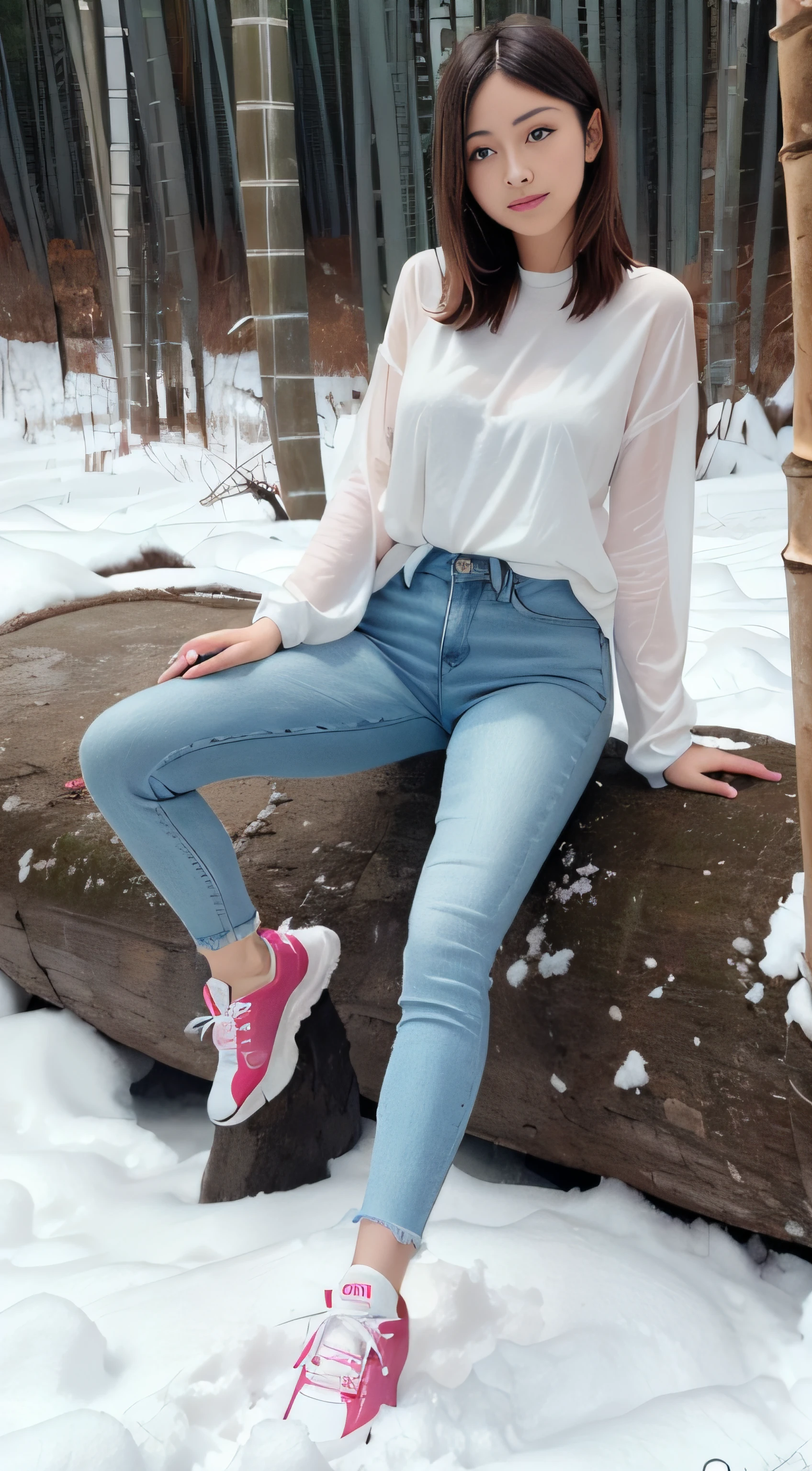 High-definition, realistic, a long-legged woman wearing a soaked white shirt, blue skinny jeans and sneakers sits on a large rock in the middle of a bamboo forest in winter, surrounded by snow, and her hands are not visible.