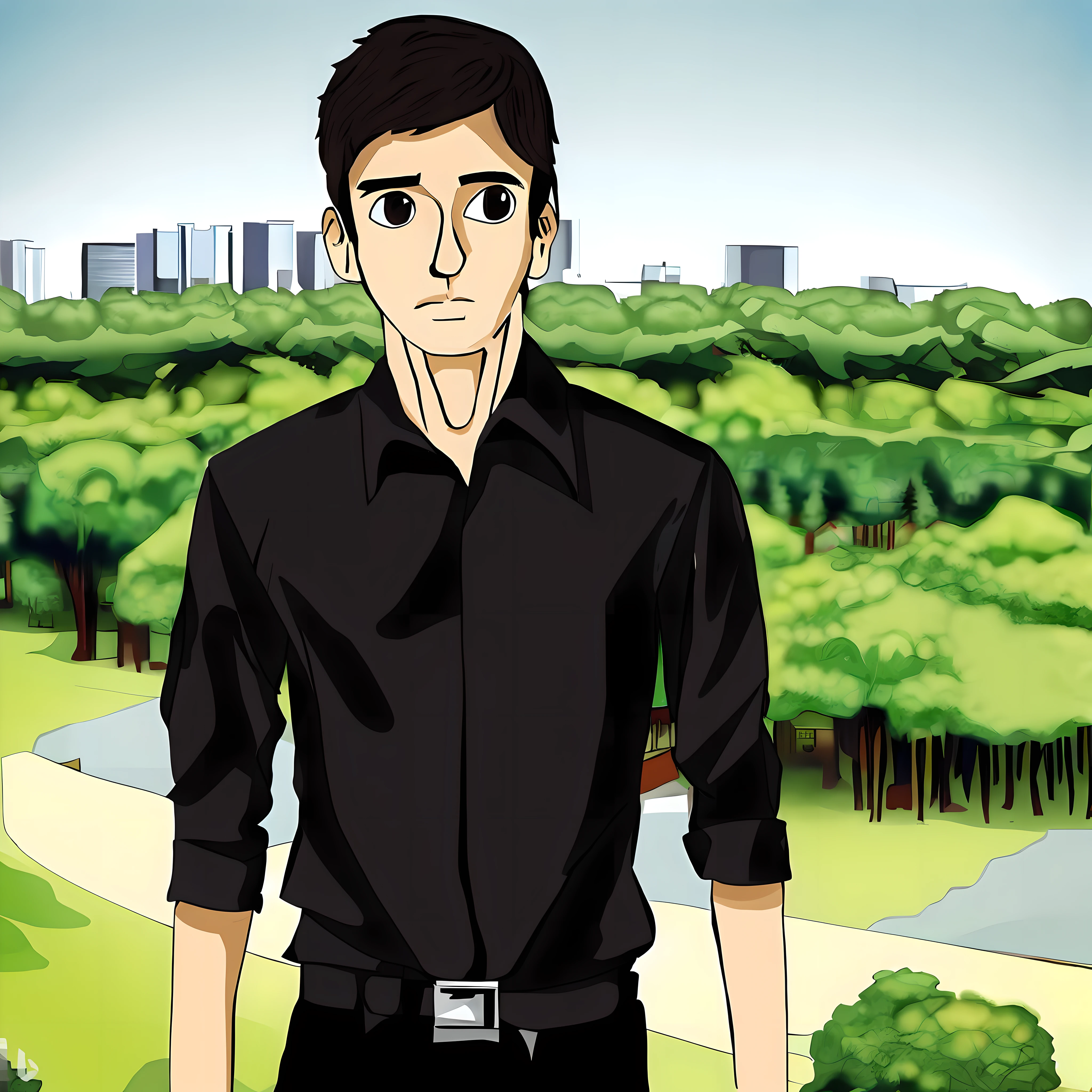 Anime man in black shirt standing in a park with trees, anime-style, cartoon-style, still animated, in an anime style, Kentaro Miura art style, cartoon still, Kentaro Miura manga art style, Kentaro Miura manga style, shaded cell adult animation, rotoscope, Kentaro Miura style,  male anime style, gradient hair, confident smile