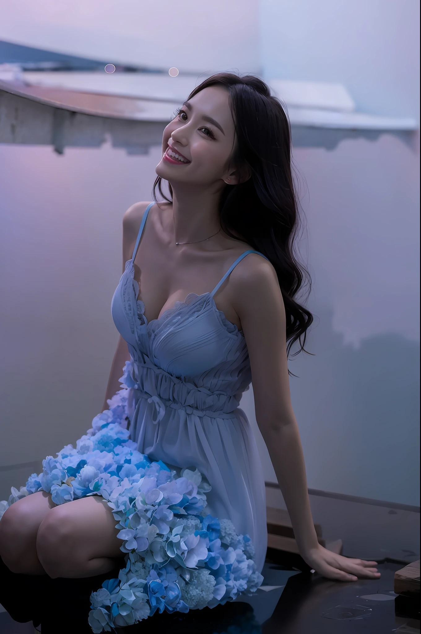 Flowers all over the wall, (best light: 1.2, cute Korean girl: 1.2, [white dress: 1.3], full body, beautiful dance moves, wearing pink long-haired mink bandeau dress, multicolored flower wall, poster level, flowers on the wall are not crowded, elegant and colorful: 1.1, bright and moving: 1.1, [ultra-detailed: 1.2 + dynamic pose + delicate: 1.2],), big breasts, pursed lips and smiles, The sides are five-colored flowers, the wall is pink hydrangeas, roses, colorful chrysanthemums, and the background wall is a wall of flowers dominated by pink