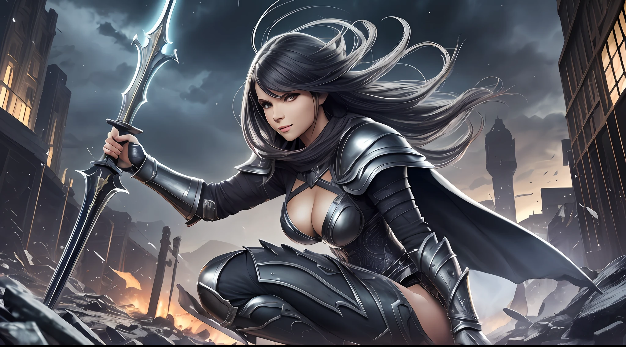 (extremely detailed 12k neon dark city wallpaper, masterpiece, best quality, extremely detailed). Full body painting of girl in frame, dynamic professional pose, a young girl, perfect face surgery, gorgeous and pretty with light green hair blowing in the wind, current armor beautiful, intricately detailed black ultimate, a work of art (a smile, beautiful eyes, impressive at first glance, excellent quality, detail), impressive shadows , gloomy atmosphere. Extremely detailed Japanese katana sword in right hand, true to standard, masterpiece, best quality --auto