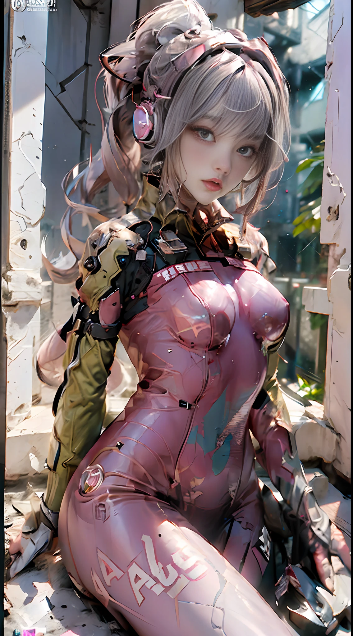 (Best Quality), ((Masterpiece)), (detail: 1.4), 3D, Beautiful Cyberpunk Female Image, ((Seated)), HDR (High Dynamic Range), Ray Tracing, NVIDIA RTX, Super Resolution, Unreal 5, Subsurface Scattering, PBR Texture, Post Processing, Anisotropic Filtering, Depth of Field, Maximum Sharpness and Sharpness, Multi-layer Textures, Albedo and Highlight Maps, Surface Shading, Accurate Simulation of Light-Material Interactions, Perfect Proportions, Octane Rendering, Two-tone illumination, wide aperture, low ISO, white balance, rule of thirds, 8K RAW, bangs, small breasts, cover, gloves, headphones, room, long hair, small breasts, white blue hair, shrugged\(clothes\), skin tight, solo, ponytail, alice \ (Japanese mail)