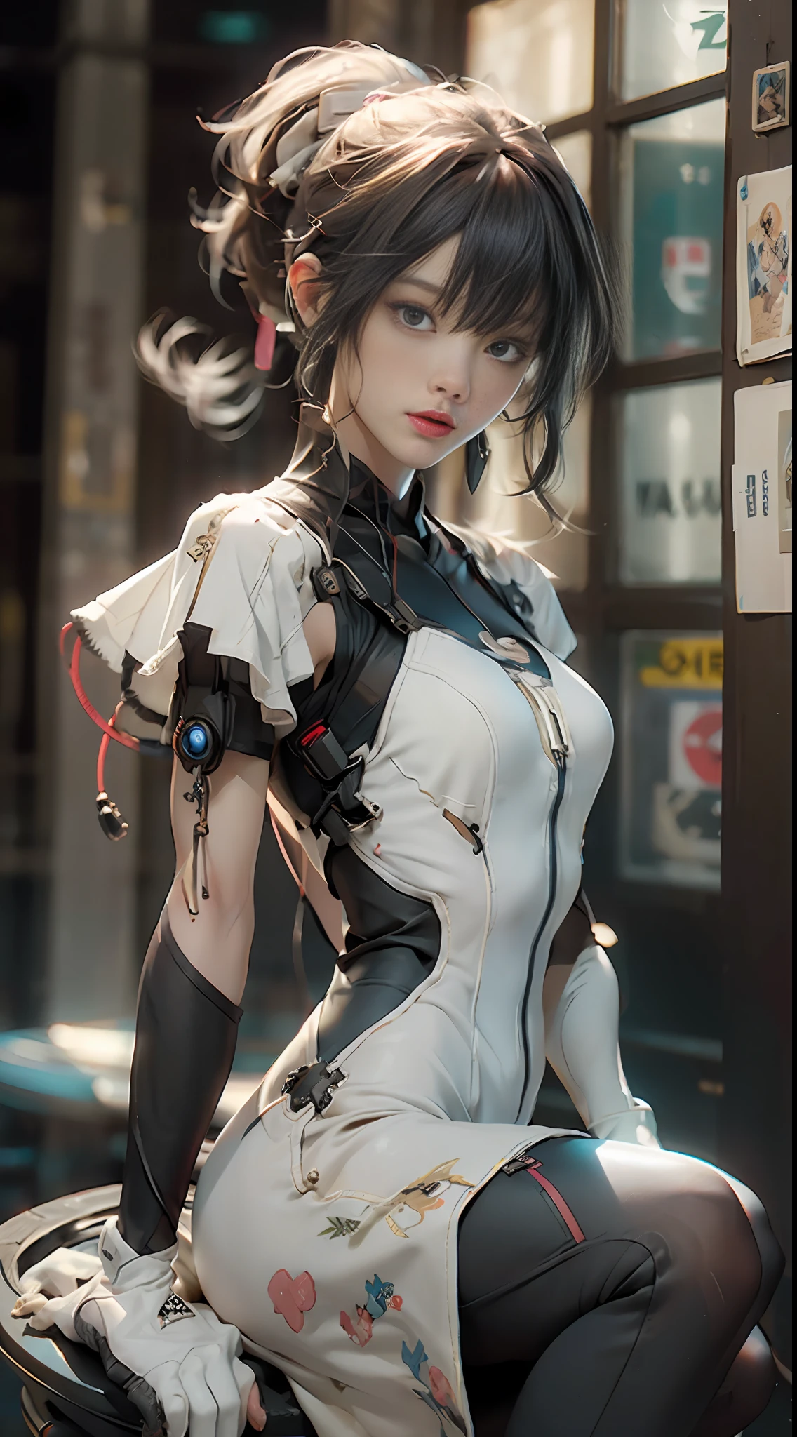 (Best Quality), ((Masterpiece)), (detail: 1.4), 3D, Beautiful Cyberpunk Female Image, ((Seated)), HDR (High Dynamic Range), Ray Tracing, NVIDIA RTX, Super Resolution, Unreal 5, Subsurface Scattering, PBR Texture, Post Processing, Anisotropic Filtering, Depth of Field, Maximum Sharpness and Sharpness, Multi-layer Textures, Albedo and Highlight Maps, Surface Shading, Accurate Simulation of Light-Material Interactions, Perfect Proportions, Octane Rendering, Two-tone illumination, wide aperture, low ISO, white balance, rule of thirds, 8K RAW, bangs, small breasts, cover, gloves, headphones, room, long hair, small breasts, white blue hair, shrugged\(clothes\), skin tight, solo, ponytail, alice \ (Japanese mail)