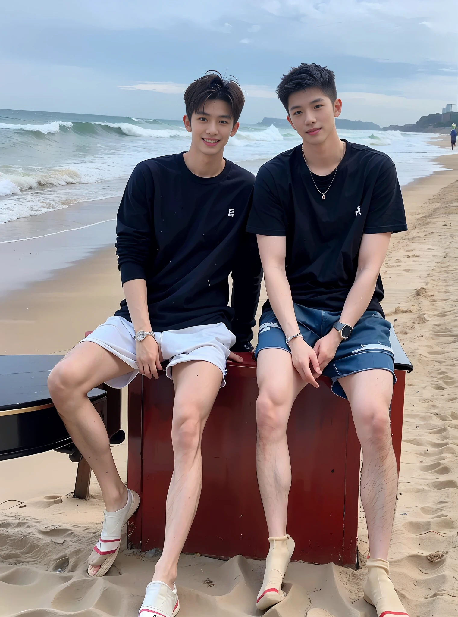 (Chinese Handsome: 1.5), two men on the beach with realistic details, realistic photos, textured skin, looking into the camera, 18 years old boy, studio, danshi koukousei, model, long legs, gay couple