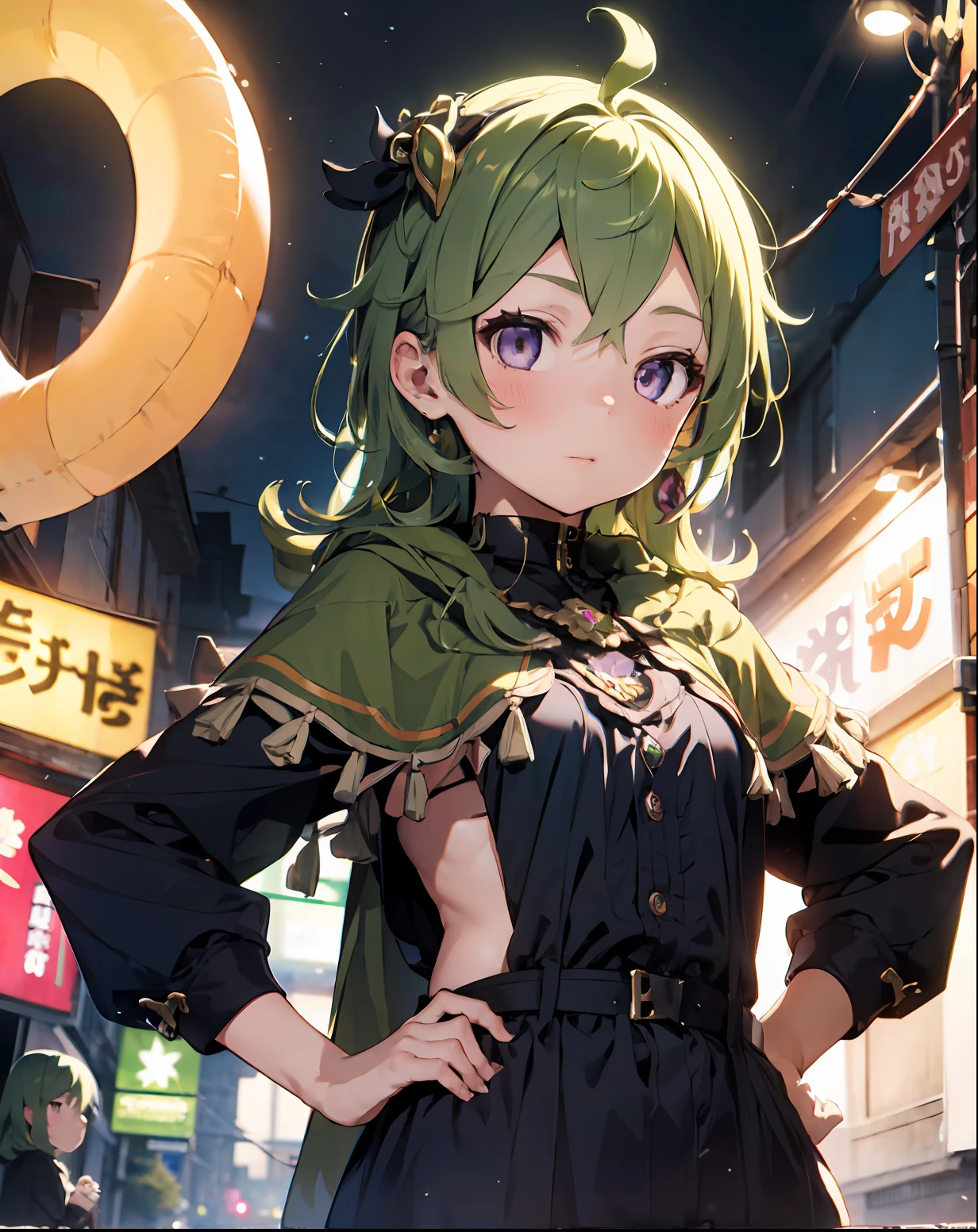 1girl, (solo:1.2), ((masterpiece)), slim, small chest, pale skin, ((detailed eyes)), (bokeh effect), green hair, colleidef, purple hair, hands on hips