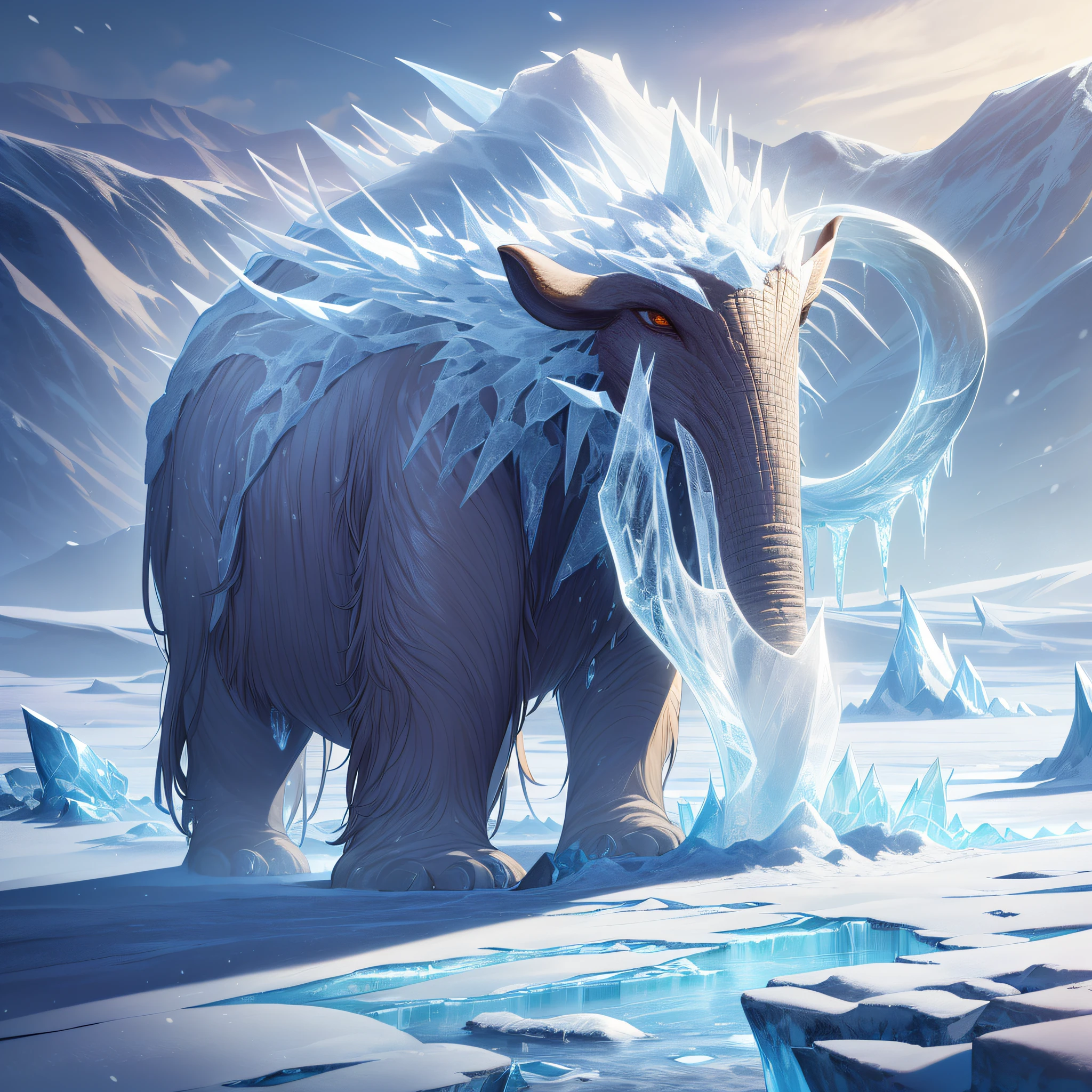 ((Masterpiece)), high quality, high precision, very rich detail, overhead lens, frostracetech, cryogenic, ((mammoth)), (only four legs), a pair of huge ivory, covered in frost, (ice and snow), (strong wind), iceberg, broken glacier