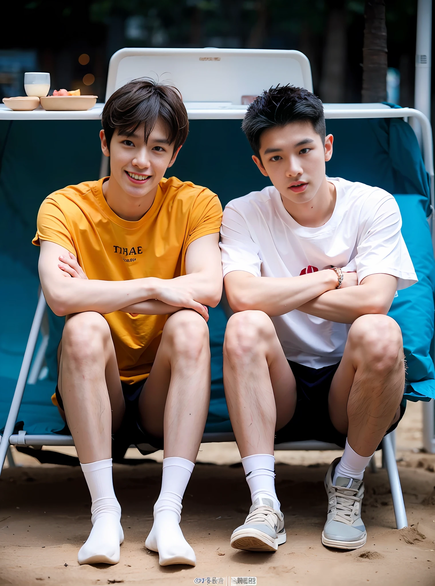 (Chinese Handsome: 1.5), two men on the beach with realistic details, realistic photos, textured skin, looking into the camera, 18 years old boy, studio, danshi koukousei, model, long legs, gay couple