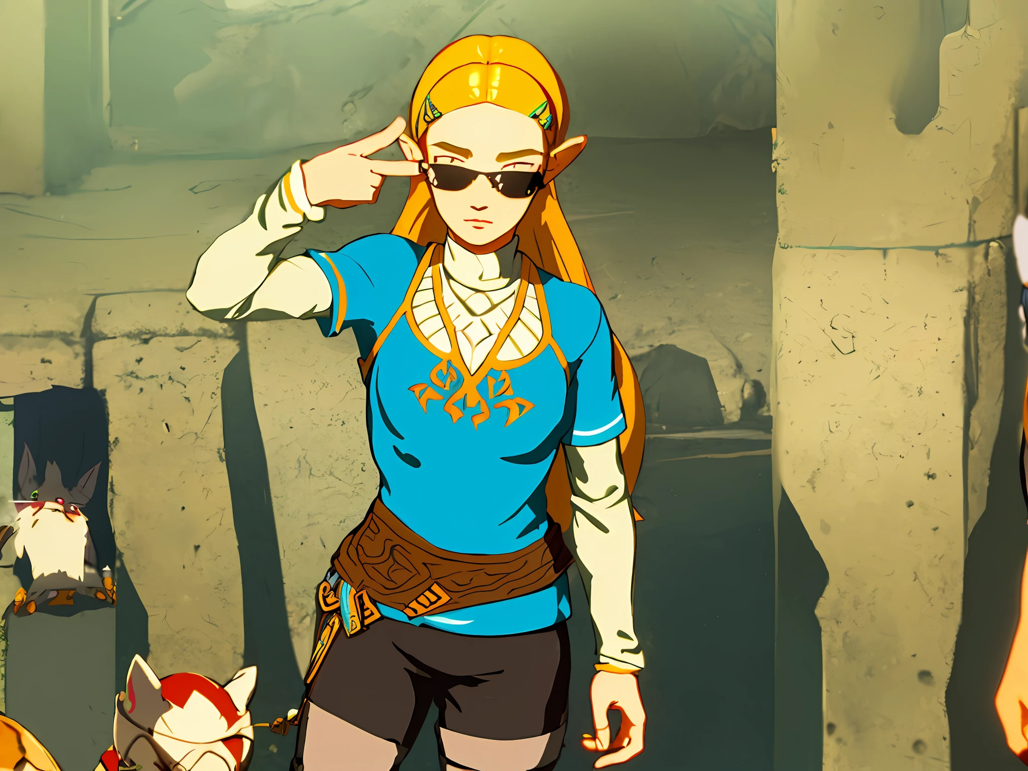 zelda as a rapper dope blend mixure of baggy saggy hyrulian hip hop clothes
DealWithIt fingergun