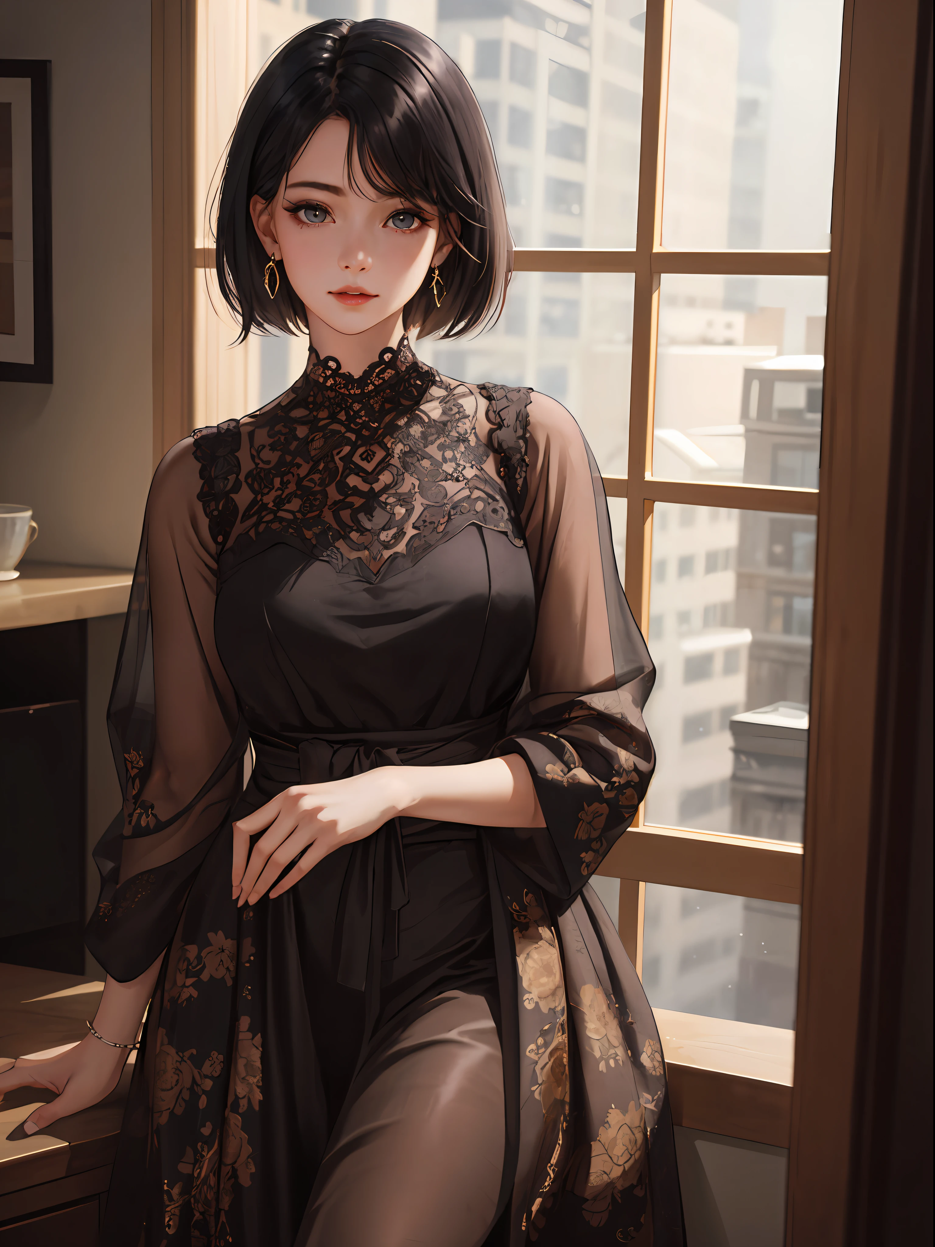 Realistic, Top Quality, 8K UHD, DSLR, Soft Lighting, High Quality, Film Grain, Fujifilm XT3, Intricate Details, Depth of Field, Girl 20 years old, (Cinematic lighting), (Black hair, Short hair), Earrings, Flash, (Short hair), Nice hairstyle, Very short, Nice style, Luxury room, Luxurious interior,