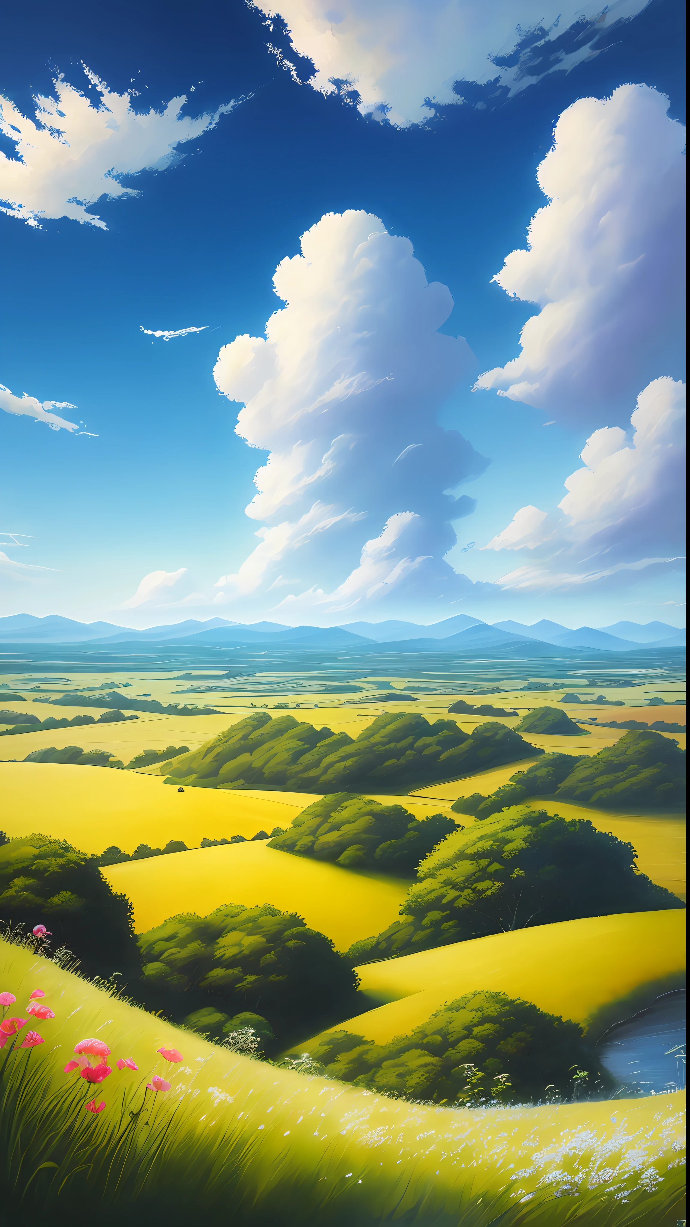 Realistic, authentic, beautiful and amazing landscape oil painting Studio Ghibli Hayao Miyazaki&#39;s petal grassland with blue sky and white clouds --v6