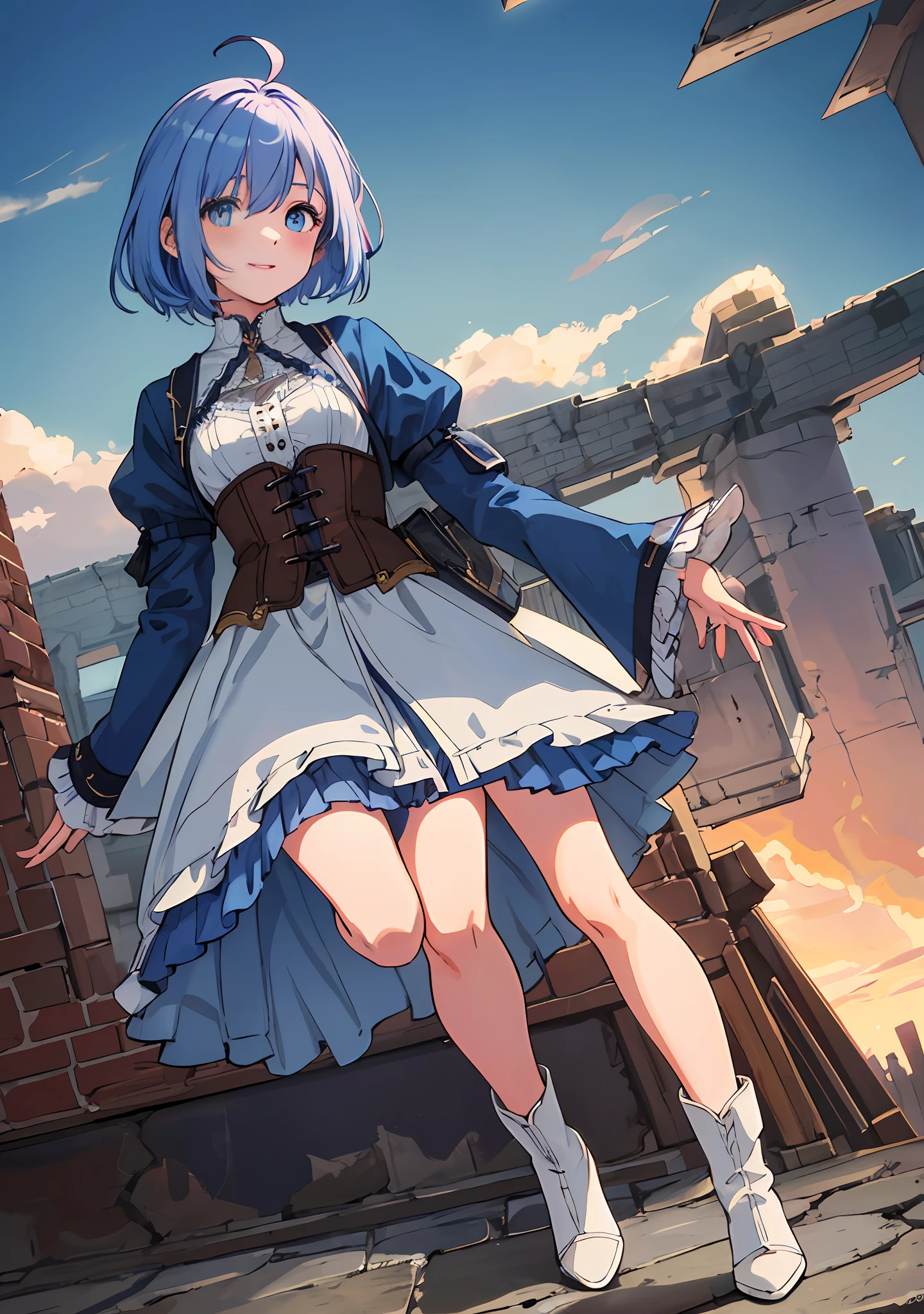 ((Masterpiece), (Best Quality)) (super detailed), (disheveled hair), photography, masterpiece, best quality, wallpaper, 1girl, 1 girl, solo, full-body, standing, fair-skinned, crystal clear clear skin, soft skin, short cut, ashime bob, sky blue hair, hair over one eye, long side hair, discreet ahoge, sky blue eyes, delicate light eyes, pretty girl, very pretty face, , small facfeet (152 cm) Small stature, drooping eyes, pink lips, delicate and slender, small breasts, small A-cup breasts, five fingers, smiling, looking at the viewer, looking at the camera, blush, embarrassed, shoulder-out, white knee-length dress, corset, dark blue poncho, detailed fabric texture, braided boots, dagger suspended at the waist, anime, game, medieval Europe, half-timbered building, Western-style building, cobblestone, blue sky, dynamic clouds, ( Twilight, (Dramatic Lighting)), (Soft Focus) (Vivid Colors), (Mysterious Atmosphere), Colorful, Global Illumination, Very Delicate and Beautiful, Best Shadows, Shallow Depth of Field, Vivid Colorful Paintings, Dramatic Shadows, Dramatic Lighting, Cinematic Composition, Sharp Focus, (8K), (4K), Highly Detailed, Complex, Highly Detailed