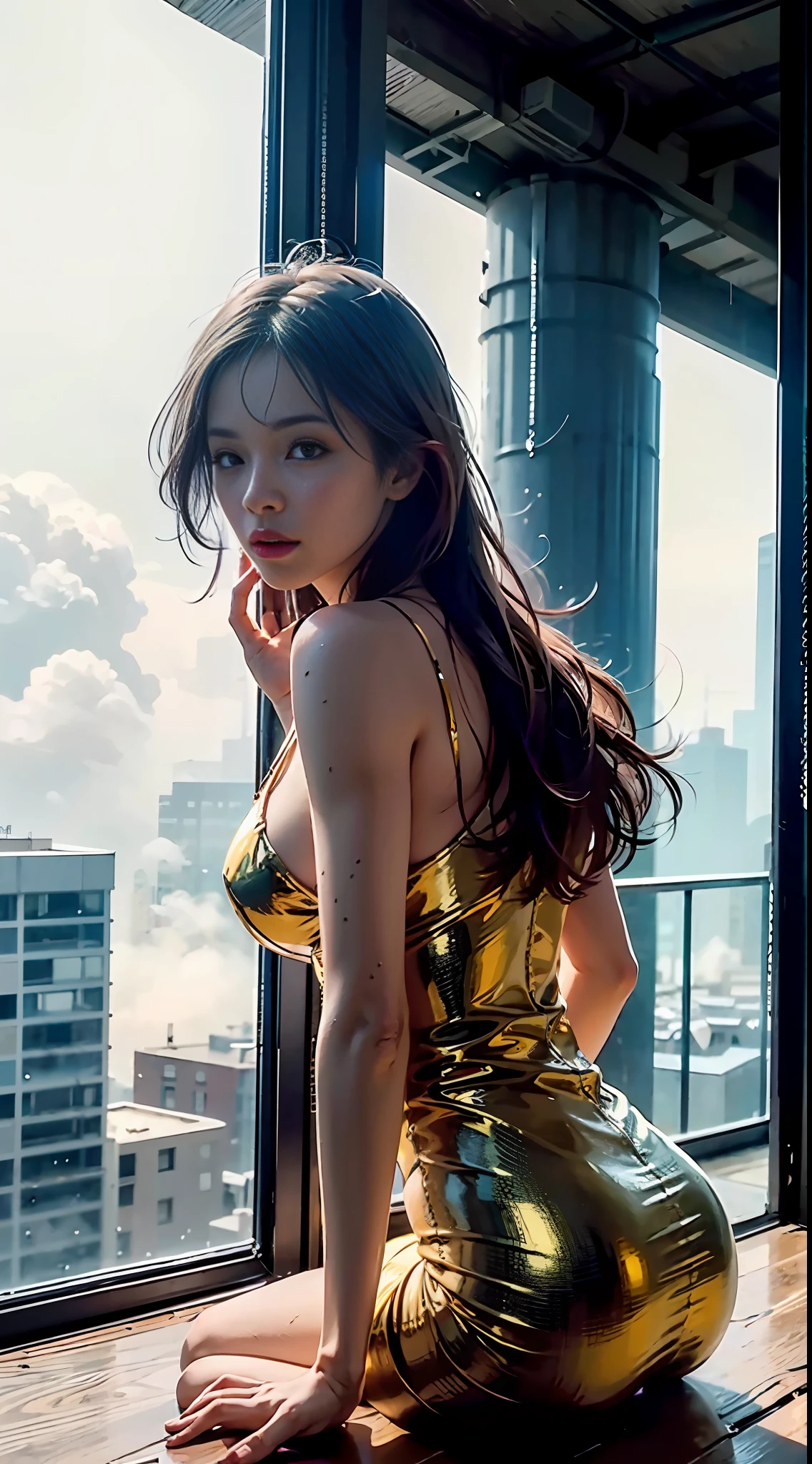 (1girl:1.3), solo,__body-parts__, official art, unity 8k wallpaper, ultra detailed, beautiful and aesthetic, beautiful, masterpiece, best quality, RAW, masterpiece, super fine photo,, best quality, super high Resolution, photorealistic, sunlight, full body portrait, stunningly beautiful,, dynamic pose, delicate face, vibrant eyes, (side view), she is wearing a silky transparent gossamer dress, red and gold, Highly detailed abandoned warehouse background, detailed face, detailed complex busy background, messy, gorgeous, milky, high detailed skin, realistic skin details, visible pores, sharp focus, volumetric fog, 8k uhd, dslr camera, High quality, film grain, fair skin, photorealism, lomography, sprawling metropolis in a futuristic dystopia, view from below, translucent