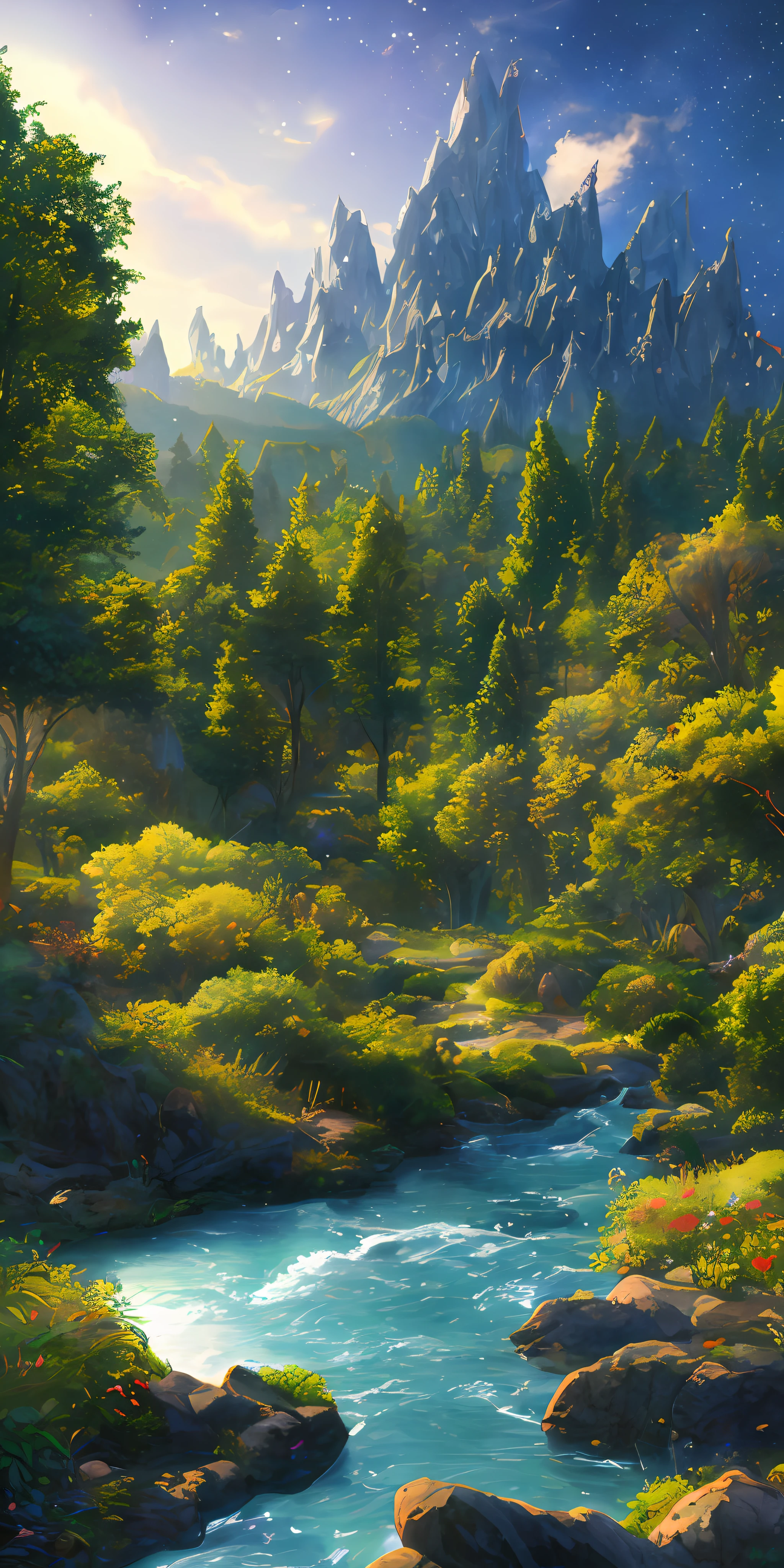 An illustration of an ultra-realistic and otherworldly and ultra-soft scene featuring a giant crystal tree with a full body, charming and very detailed lighting, intricate forest details, plants and a river around it, solar cover, landscapes, a giant tree, beautiful lush with beautiful lighting and realistic proportions, as if it were a cinematic background, 8K, the highest quality, masterpiece, clouds and stars in the sky.