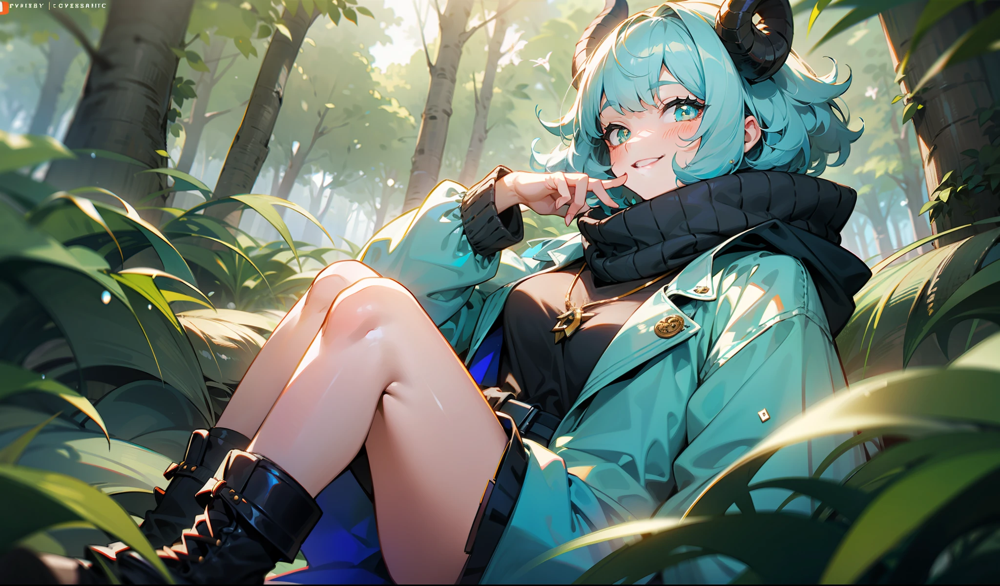 sheep girl, curly and messy hair, (short hair), (cyan hair), (rectangular pupils), blue sheep eyes, black goat horns, wearing a blue overol, with a necklace, with a pink coat on her shoulders, black boots, happy, cheerful, smiling, playful, cute, beautiful, dynamic pose, (1girl), female, solo, splashart, detailed face, (sitting on the forest)