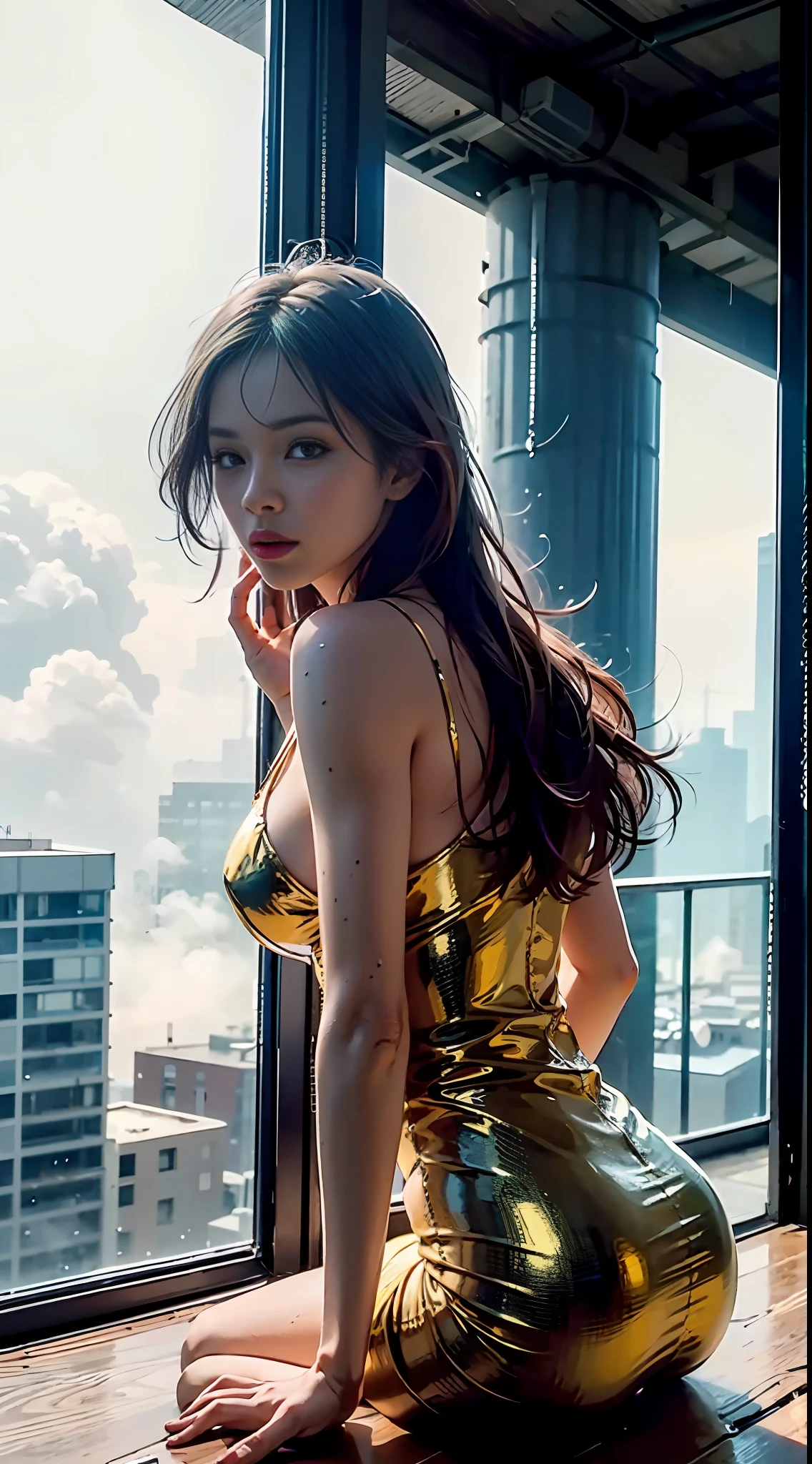 (1girl:1.3), solo,__body-parts__, official art, unity 8k wallpaper, ultra detailed, beautiful and aesthetic, beautiful, masterpiece, best quality, RAW, masterpiece, super fine photo,, best quality, super high Resolution, photorealistic, sunlight, full body portrait, stunningly beautiful,, dynamic pose, delicate face, vibrant eyes, (side view), she is wearing a silky transparent gossamer dress, red and gold, Highly detailed abandoned warehouse background, detailed face, detailed complex busy background, messy, gorgeous, milky, high detailed skin, realistic skin details, visible pores, sharp focus, volumetric fog, 8k uhd, dslr camera, High quality, film grain, fair skin, photorealism, lomography, sprawling metropolis in a futuristic dystopia, view from below, translucent