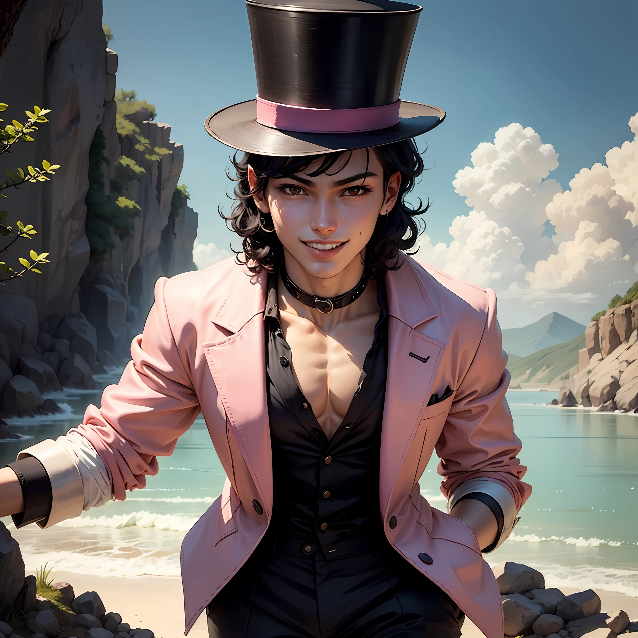 Anime style jojo,A young boy, he has black curly hair, wears a top hat and has pink eyes and a serene smile