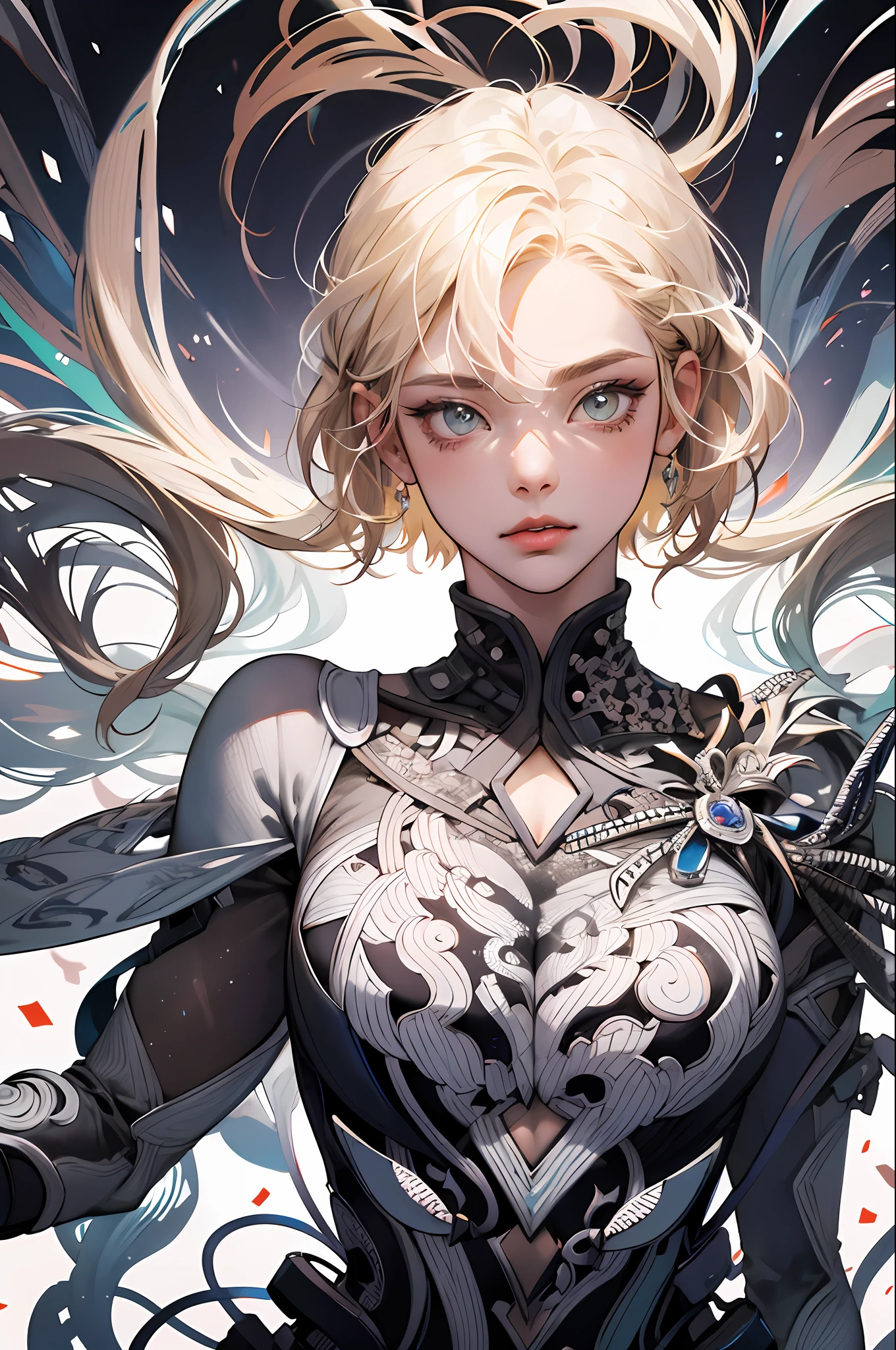 absurd, high resolution, super detailed, 1girl, solo, extremely detailed eyes, ultra-precise depiction, ultra-detailed depiction, (zentangle:1.2), (dynamic pose), (abstract background: 1.5), (triple dress: 1.2), short platinum blonde, (shiny skin), multiple colors, upper body