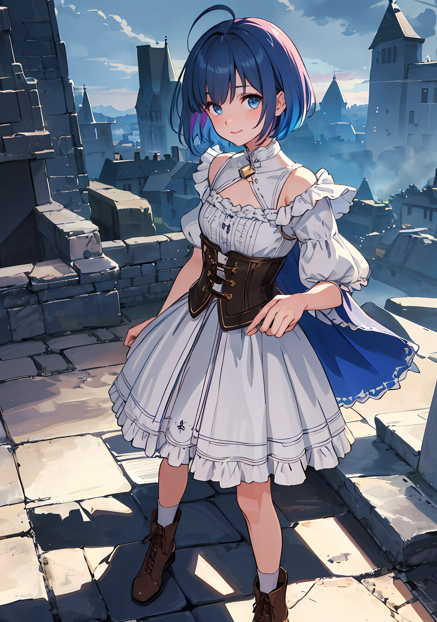 ((Masterpiece), (Best Quality)) (super detailed), (disheveled hair), photography, masterpiece, best quality, wallpaper, 1girl, 1 girl, solo, full-body, standing, fair-skinned, crystal clear clear skin, soft skin, short cut, ashime bob, sky blue hair, hair over one eye, long side hair, discreet ahoge, sky blue eyes, delicate light eyes, pretty girl, very pretty face, baby face, small face, 5 feet (152 cm) Small stature, drooping eyes, pink lips, delicate and slender, small breasts, small A-cup breasts, five fingers, smiling, looking at the viewer, looking at the camera, blush, embarrassed, shoulder-out, white knee-length dress, corset, dark blue poncho, detailed fabric texture, braided boots, dagger suspended at the waist, anime, game, medieval Europe, half-timbered building, Western-style building, cobblestone, blue sky, dynamic clouds, ( Twilight, (Dramatic Lighting)), (Soft Focus) (Vivid Colors), (Mysterious Atmosphere), Colorful, Global Illumination, Very Delicate and Beautiful, Best Shadows, Shallow Depth of Field, Vivid Colorful Paintings, Dramatic Shadows, Dramatic Lighting, Cinematic Composition, Sharp Focus, (8K), (4K), Highly Detailed, Complex, Highly Detailed