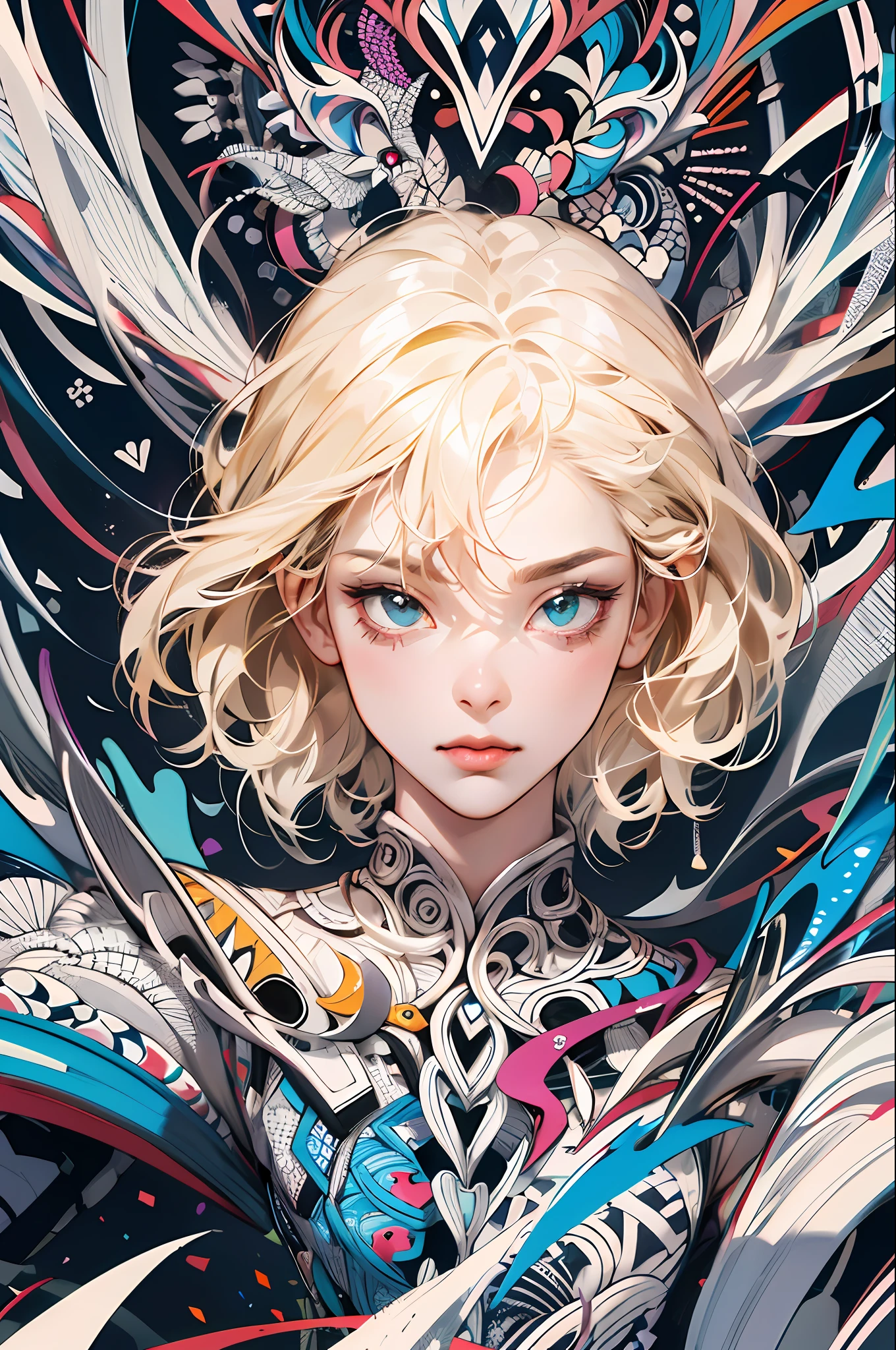 absurd, high resolution, super detailed, 1girl, solo, extremely detailed eyes, ultra-precise depiction, ultra-detailed depiction, (zentangle:1.2), (dynamic pose), (abstract background: 1.5), (triple dress: 1.2), short platinum blonde, (shiny skin), multiple colors, upper body