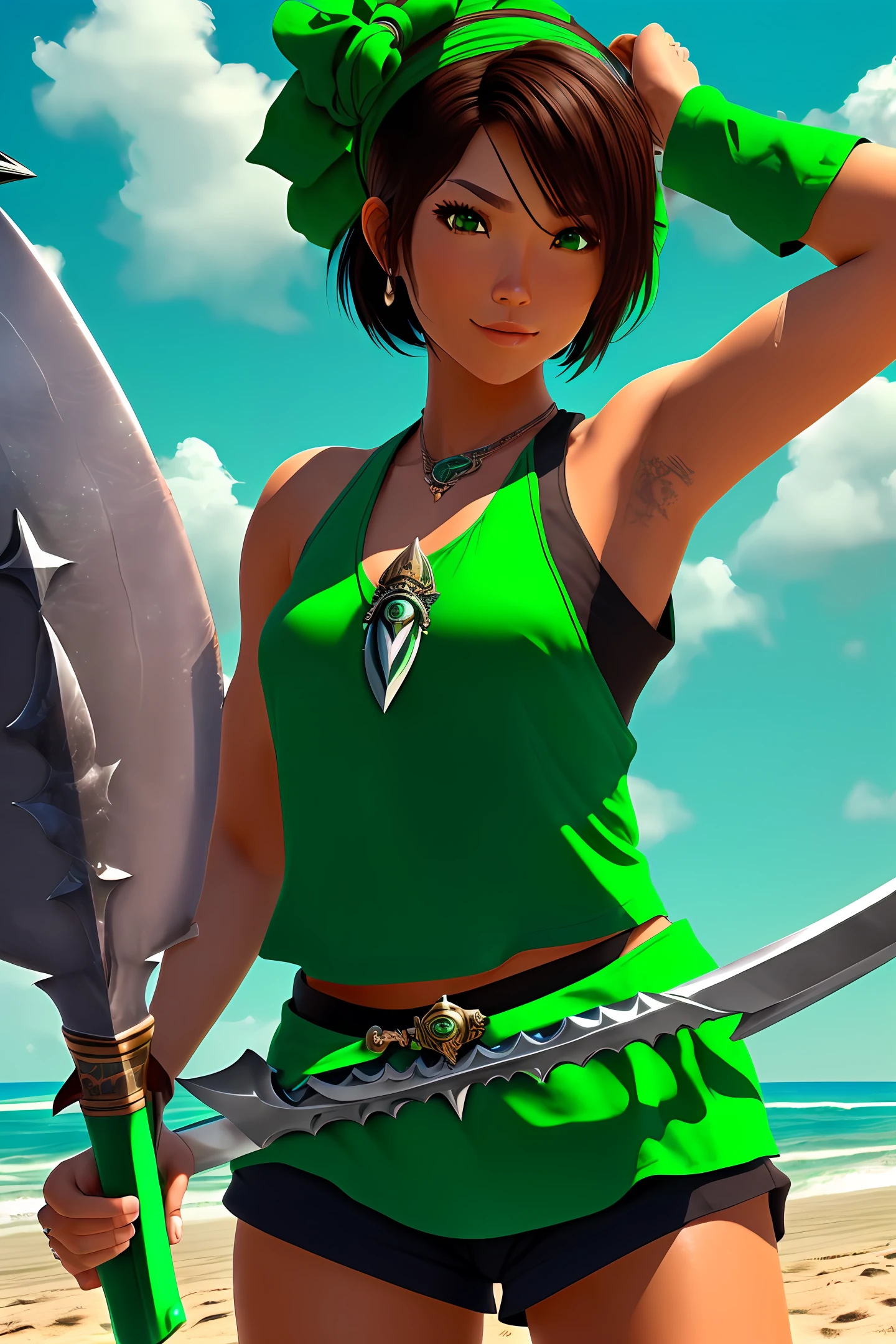 a ((( tanned brown skin ))) pirate woman wearing (( green headband )) , (( green cropped sleeveless top )) , green belted shorts )) , ((( short black hair )) , ((( green jade harpoon on her hand ))), (( holding a big fish )) , realistic, unreal engine , (( summer, sunny day at the beach )) , 🌞 --auto --s2