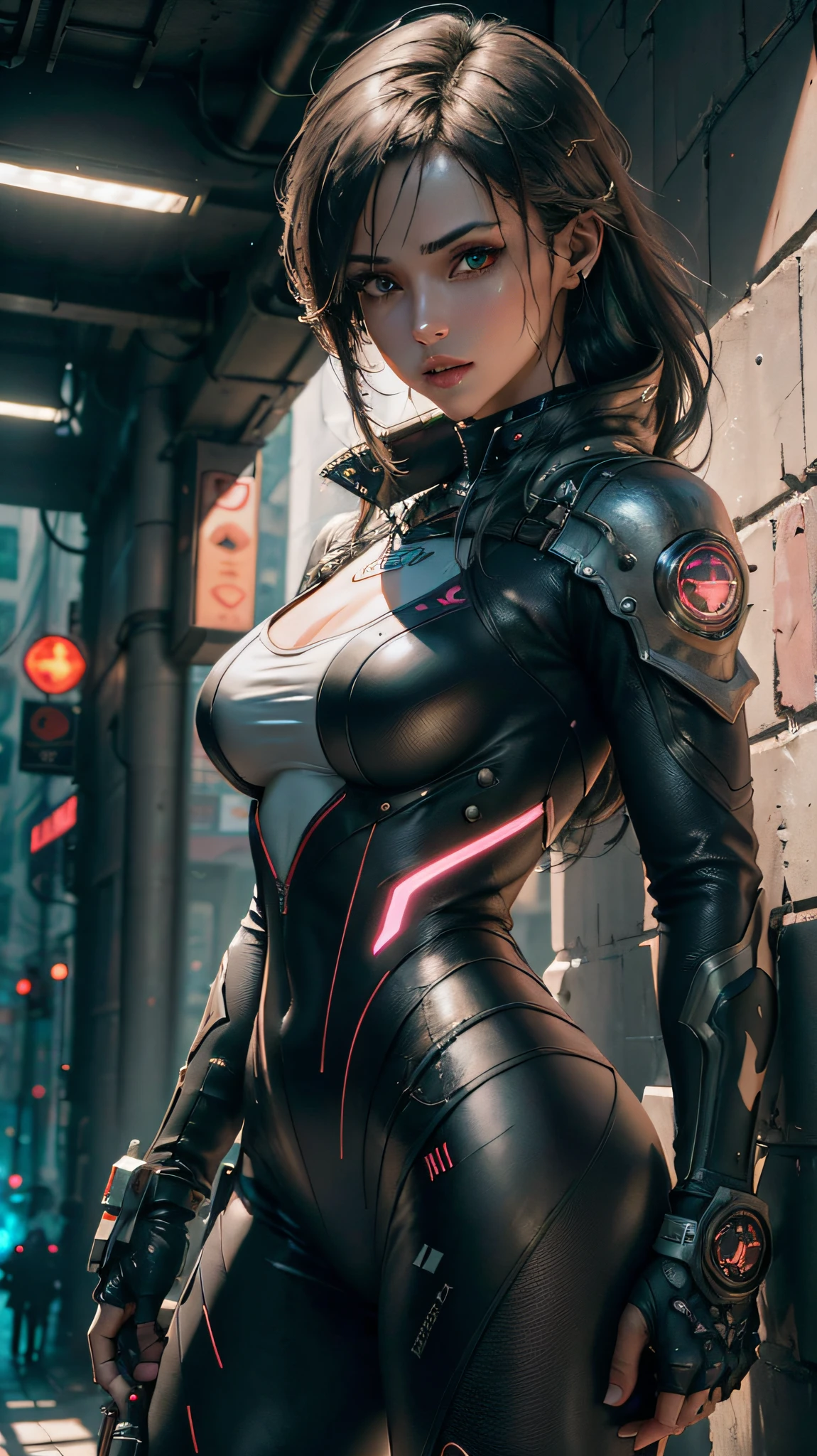 High resolution, master works, 8K, high detail, beauty, exquisite face, sexy and beautiful body, revealing posture, whole body, future city streets, mecha equipment, future science and technology, cyberpunk atmosphere, ambient lighting such as movie quality, real scenes, highly detailed portrayal,