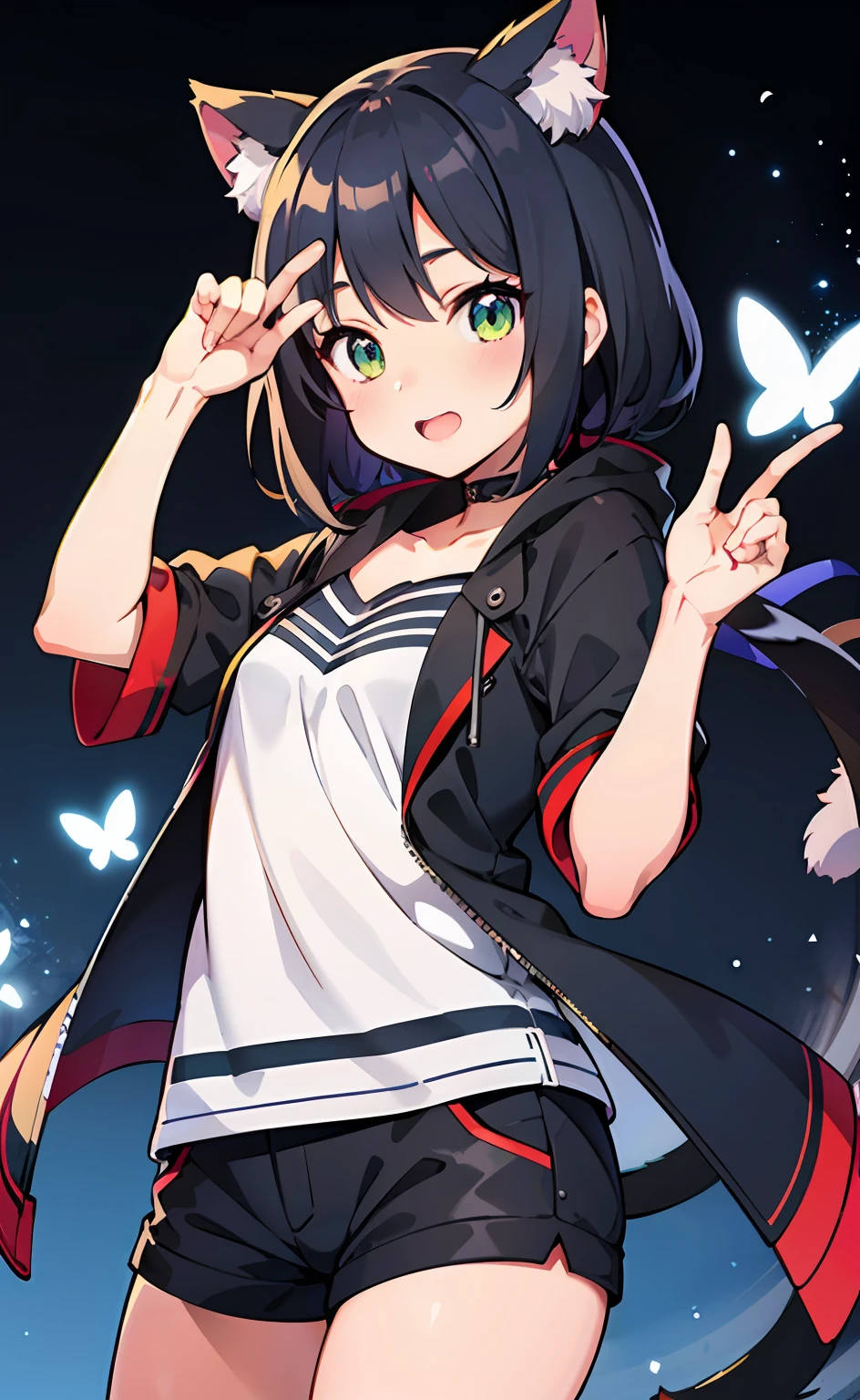 anime girl pointing at camera with butterfly in background, kawacy, guweiz, small curvy loli, anime moe artstyle, noire, artwork in the style of guweiz, anime girl with cat ears, noire photo, official artwork, girl with cat ears, pixiv style, top rated on pixiv, pixiv contest winner