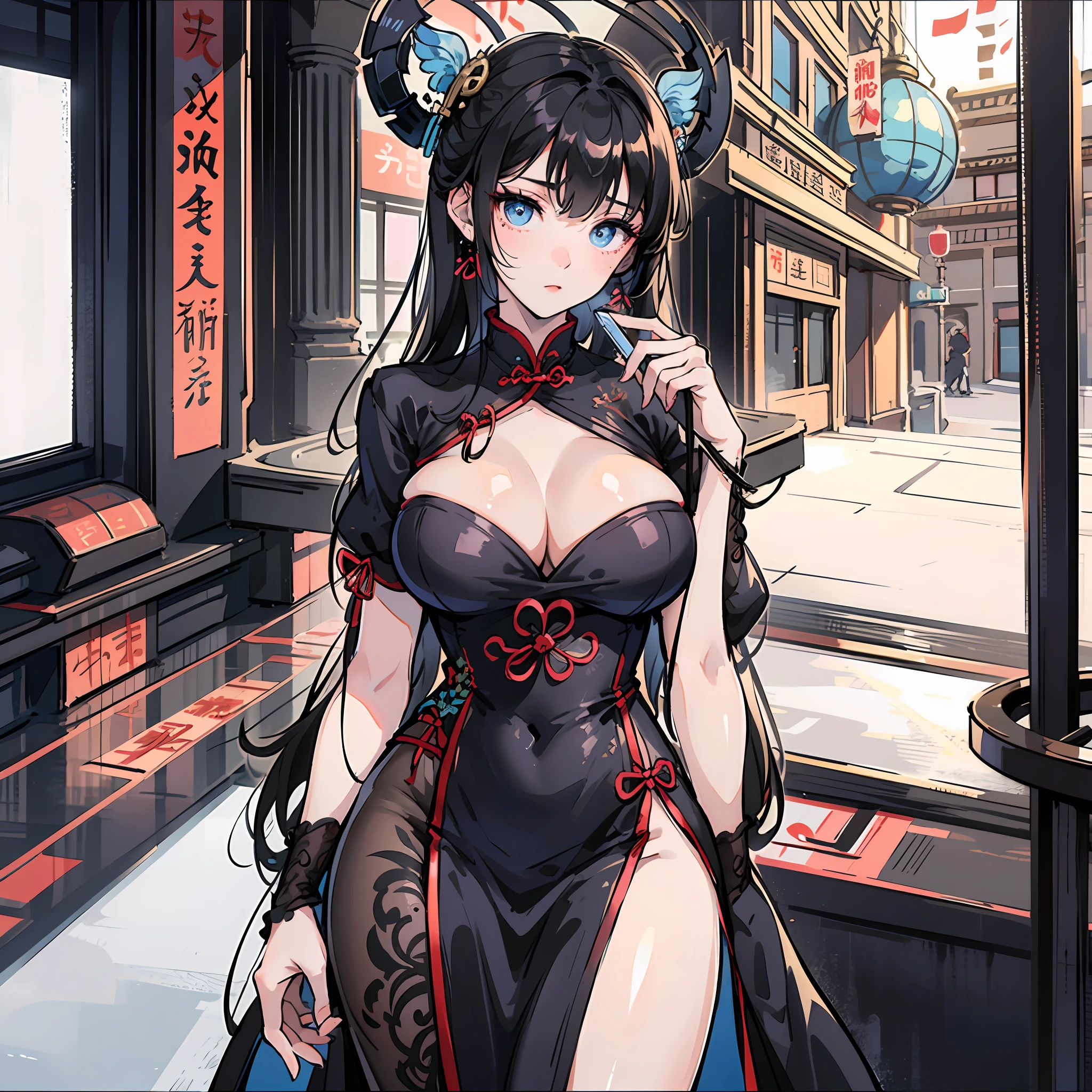 Beautiful girl in Xianshan, holding a fan, big breasts, blue eyes, cold eyes looking into the distance, black hair, black stockings, cheongsam clothing --auto --s2