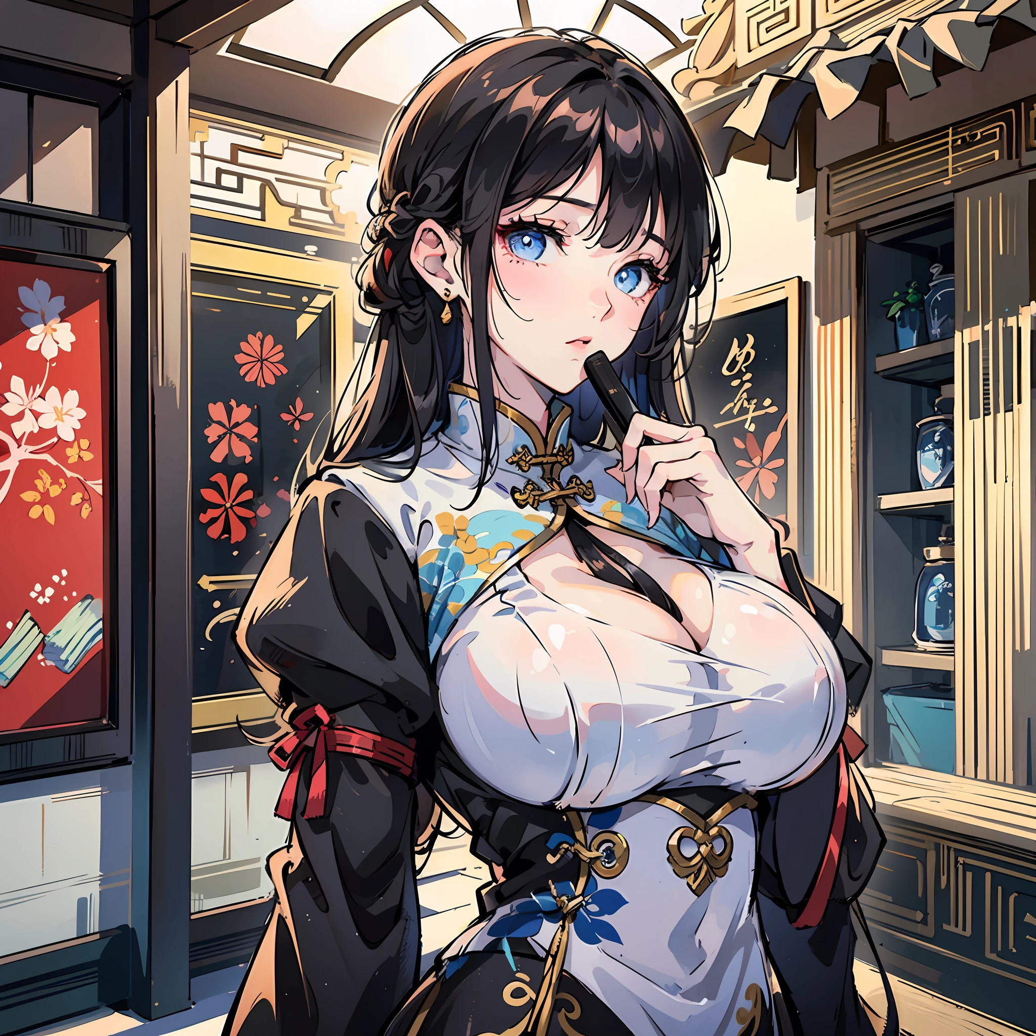 Beautiful girl in Xianshan, holding a fan, big breasts, blue eyes, cold eyes looking into the distance, black hair, black stockings, cheongsam clothing --auto --s2