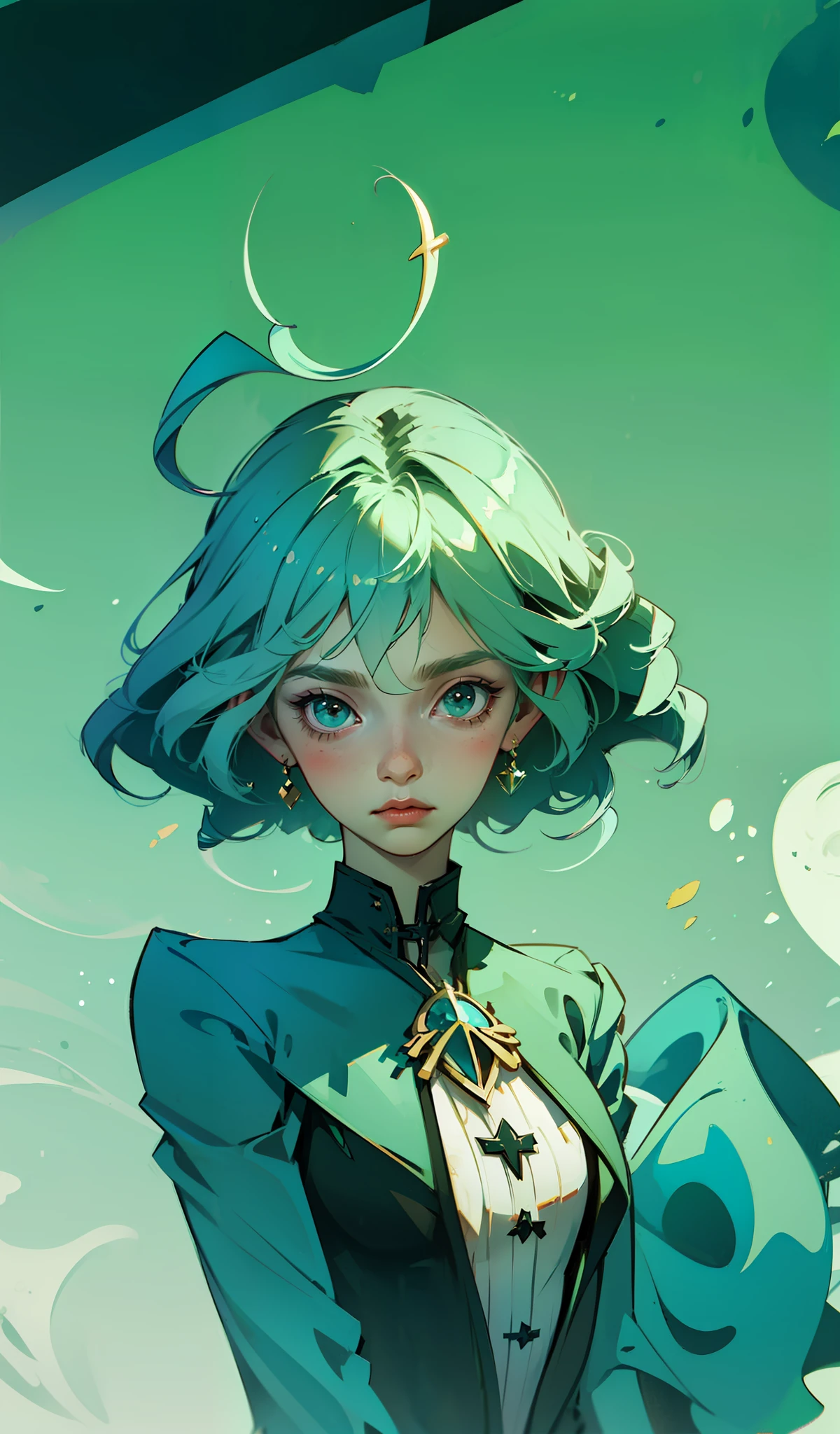 Magical girl, green and black color palette, cute, chibi
