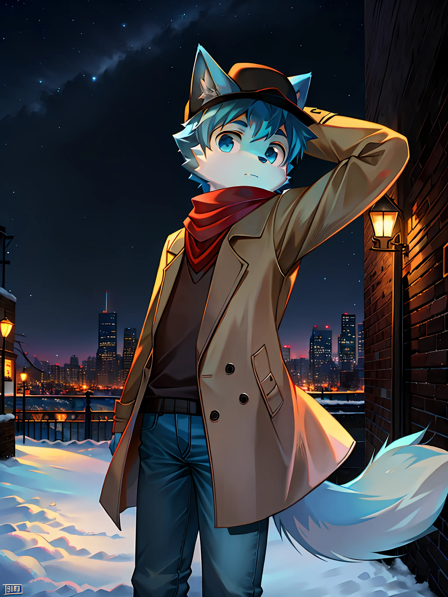 Dog, light blue fur covering all over, gray sweater, light brown trench coat, blue jeans, little boy, teenager, pose, night, city, dark blue velvet hat, red scarf, winter, snow