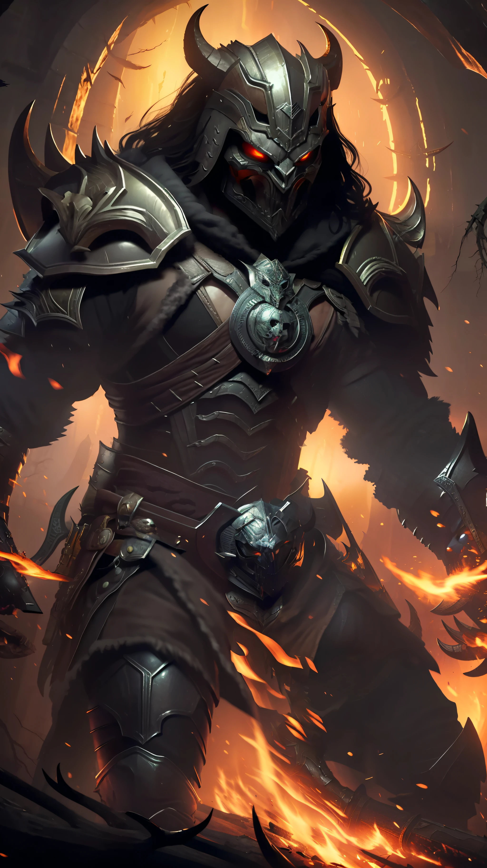 An imposing looking man with well-defined muscles and tanned skin. Her long black hair falls over her shoulders, and her eyes are intense, with a determined glow. Clothes: He wears a sturdy leather tunic, with dark red accents and mystical symbols. Wears combat boots and gloves that offer agility and dexterity. Armor: Your armor is made of a combination of metal and leather, providing protection and mobility. Stand out the shoulder pads with thorns and the knee pads adorned with burning details. Aric is a Demon Hunter, specializing in ranged combat and the use of dark spells. He is skilled with bows and crossbows, as well as mastering tracking skills and traps to neutralize his enemies. Setting: Aric is depicted in a dark and sinister setting, filled with ancient ruins and twisted trees. Burning flames illuminate the environment, creating an atmosphere of imminent danger.