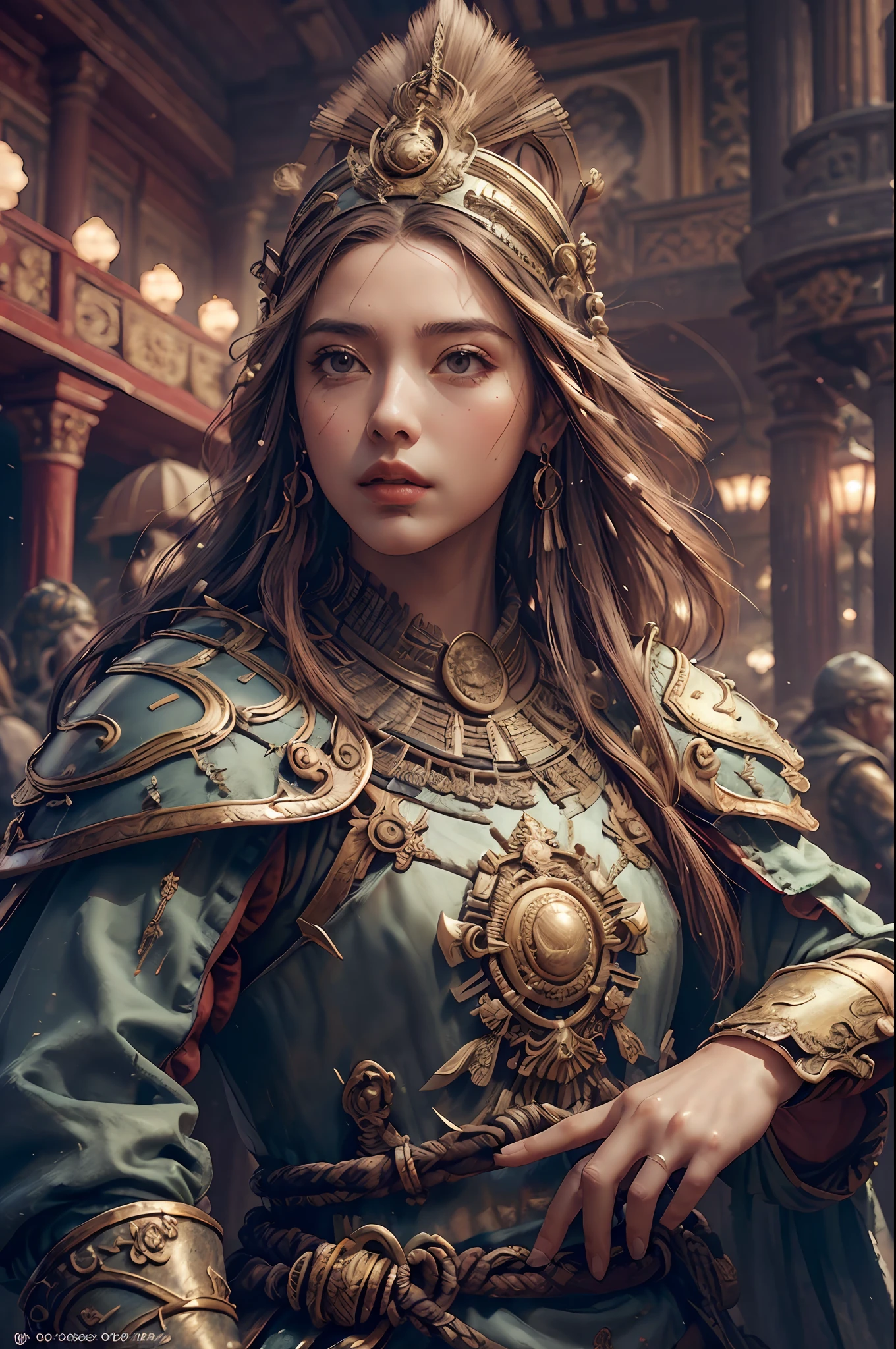 ((work-before))), ((best quality))), ((Ultra-detailed)), (hyper-realistic), (highly detailed CG illustration), cinematic lighti, photorealistic, extremely beautiful young lady, (beautiful face and lips), black hair, light makeup, big chest, intricate detailed eba, red cape, spear, Trend at Artstation.