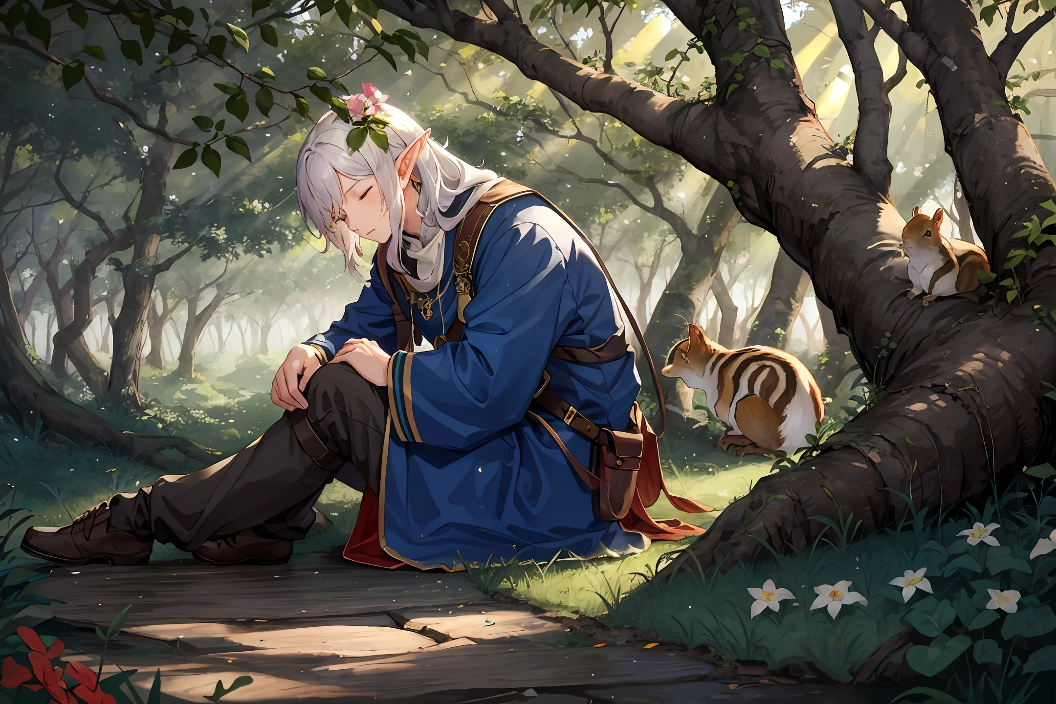 A dense wood, a male elf sleeping on the ground, a flower in the male elf's hair, a cute squirrel next to him is sleeping on the ground, the dense forest covers the brilliant sun, and a ray of sunlight shines on the ground through the gap between the trees.