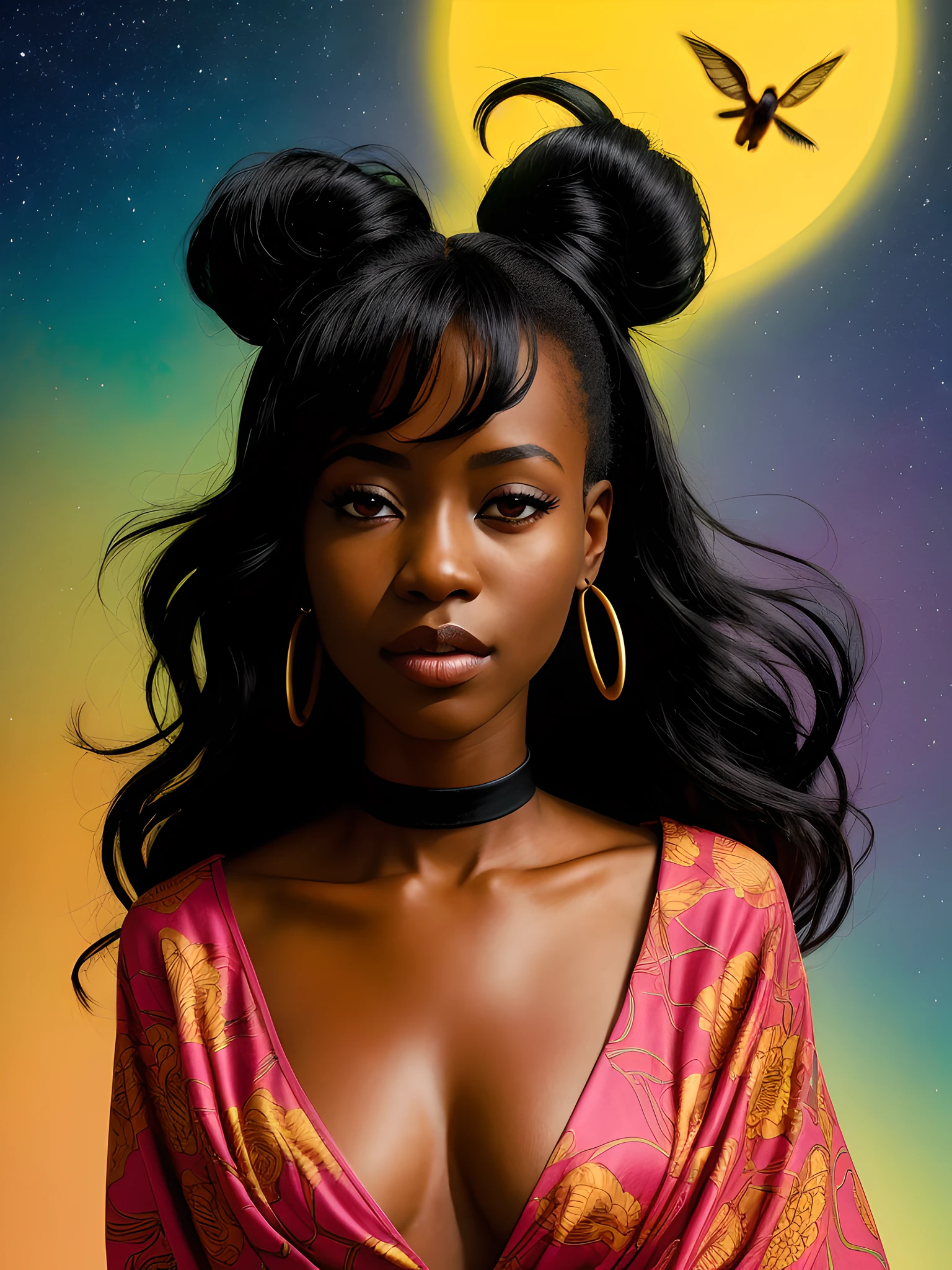 Vintage 90's anime style. close up portrait of a beautiful ((black dark skinned)) 27 year old ((African female)) on a marble platform in a very colourful flower filled plain on a bright sunny day, sun in sky, super realistic facial features, colourful futuristic clothes, sunny, raw, epic, film stock, sky full of birds, brightly lit, African woman wearing flowing robes flapping in the wind, patterns from dress fly into the wind; by Hajime Sorayama, Greg Tocchini, Virgil Finlay, sci-fi, colors, neon lights. line art.