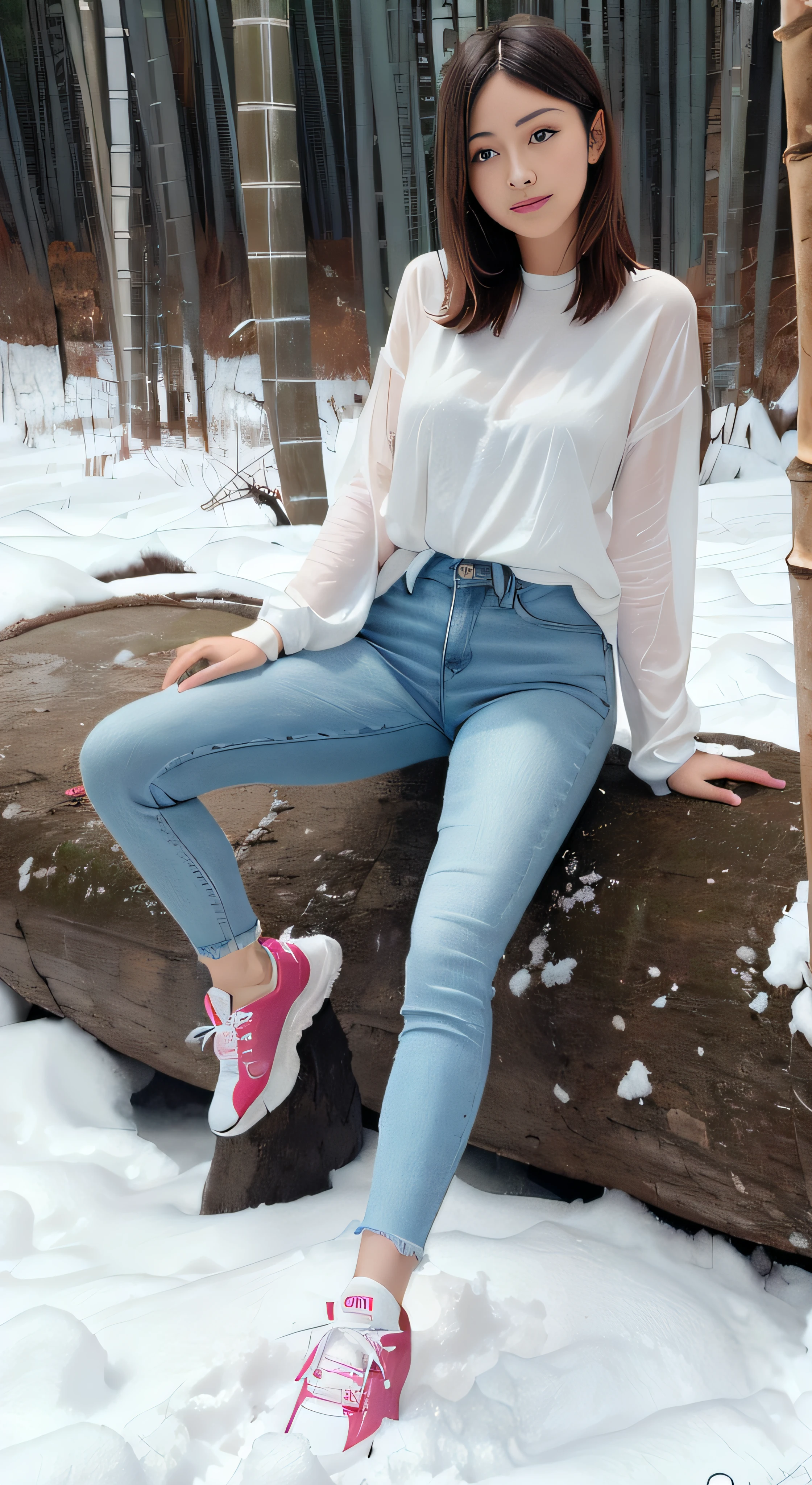 araffe sitting on a log in the snow with a pink shoe, casual pose, casual clothes, cold as ice! 🧊, jeans, blue jeans, white and pink, ( ( ( wearing jeans ) ) ), tight blue jeans and cool shoes, wearing jeans, realistic style, jean and multicolor shoes, jean pants, casual clothing style, pink shoes