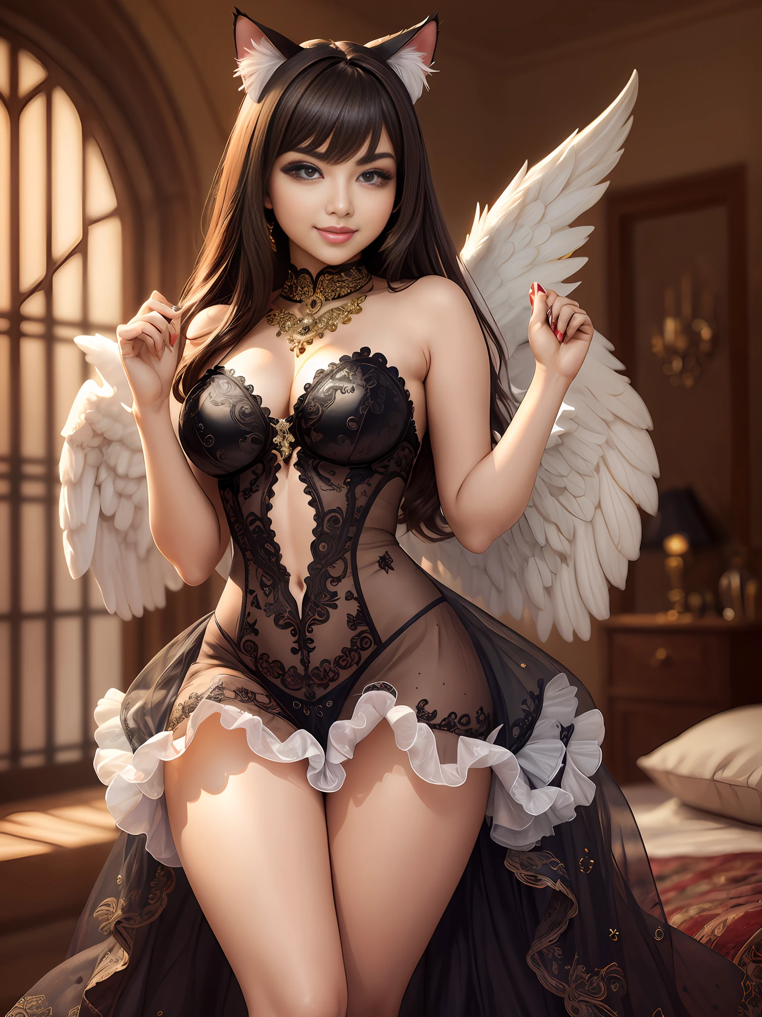 (masterpiece, best quality photorealistic ), 1 beautiful girl 25yr old Ayesha takia, cat ears, smile, slim body, angel wings, elegant frilly dress, (detailed beautiful eyes), paw gloves, ornate bedroom, indoors, abstract photography, hyperdetailed