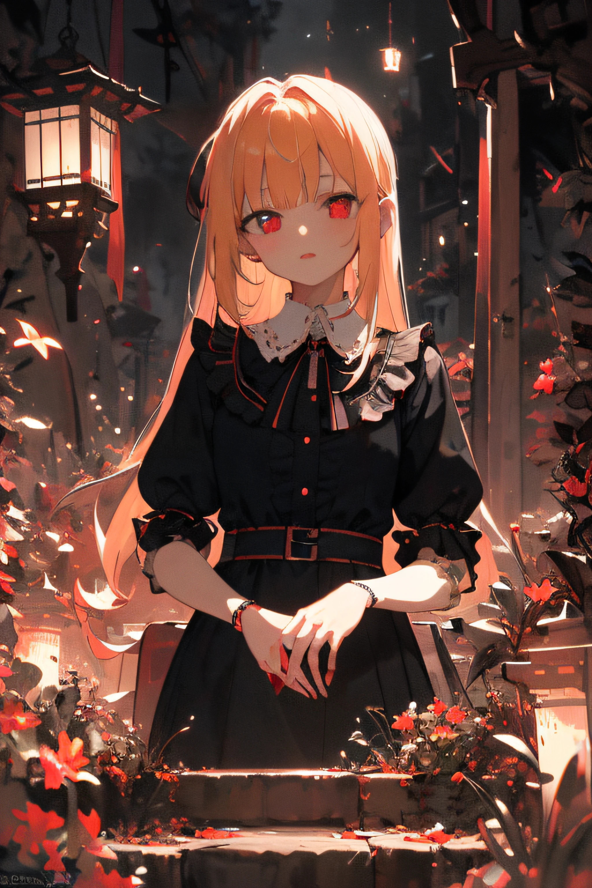 (Masterpiece, Best quality, Ultra-detail, best shadow), detail background, beautiful and cute detail face, high contrast, best illumination, an extremely delicate and beautiful, (Cinematic light, red eye, Yellow hair, anime girl), dark and black gothic lolita, love face, (doll), lewd clothes, shard left claw.