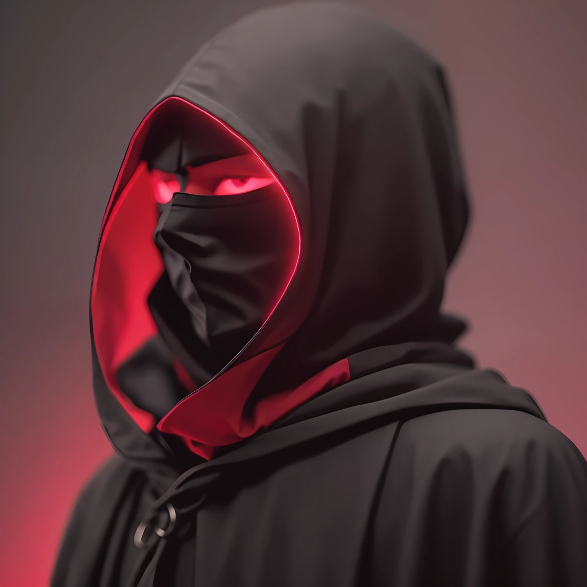 (assassin), (wearing a full cloak), black cloak, ((wearing full mask))), (no face), black metallic mask, neon blue light eyes, ((realistic)),front position, looking left, looking at dreita.
