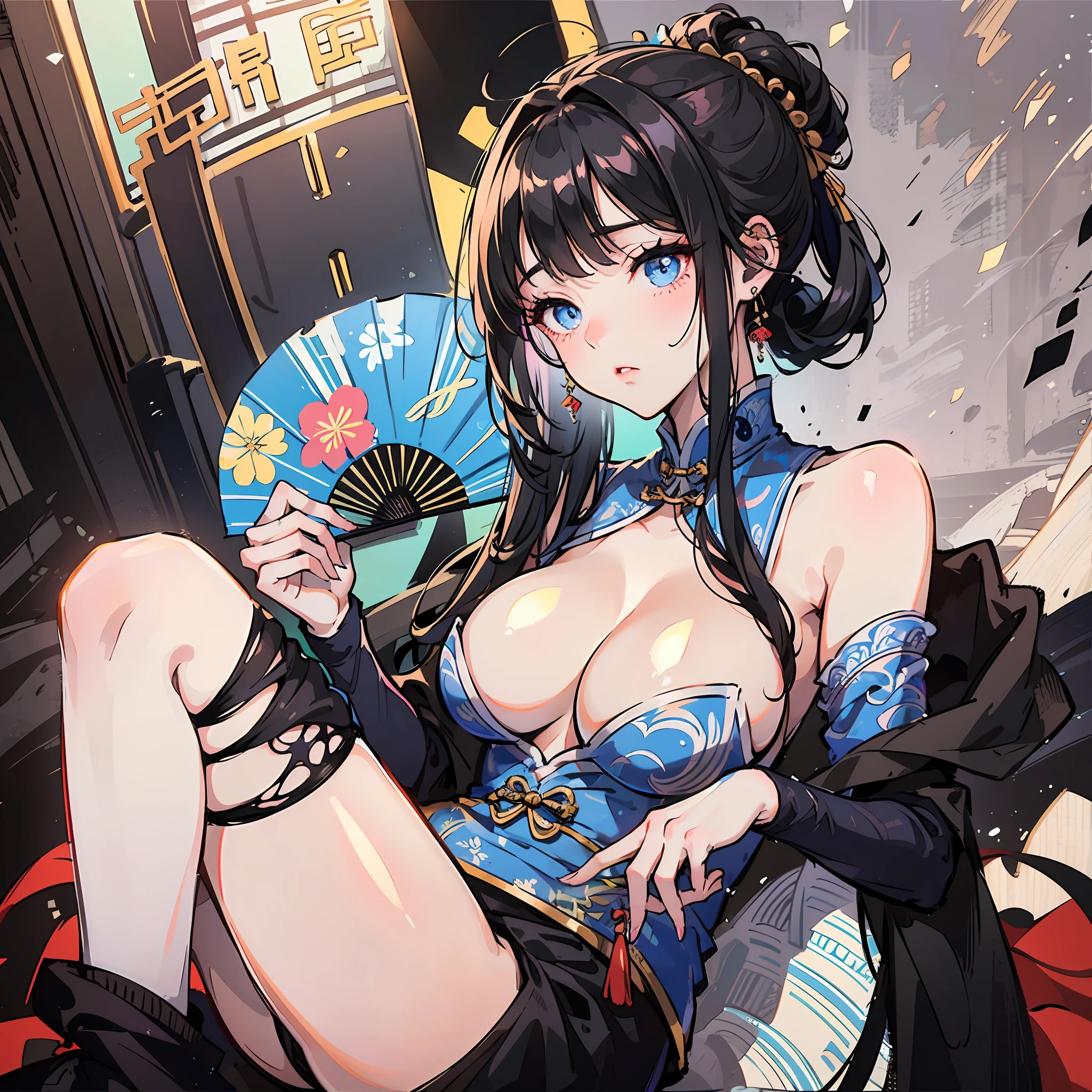 Beautiful girl in Xianshan, holding a fan, big breasts, blue eyes, cold eyes looking into the distance, black hair, black stockings, cheongsam clothing --auto --s2
