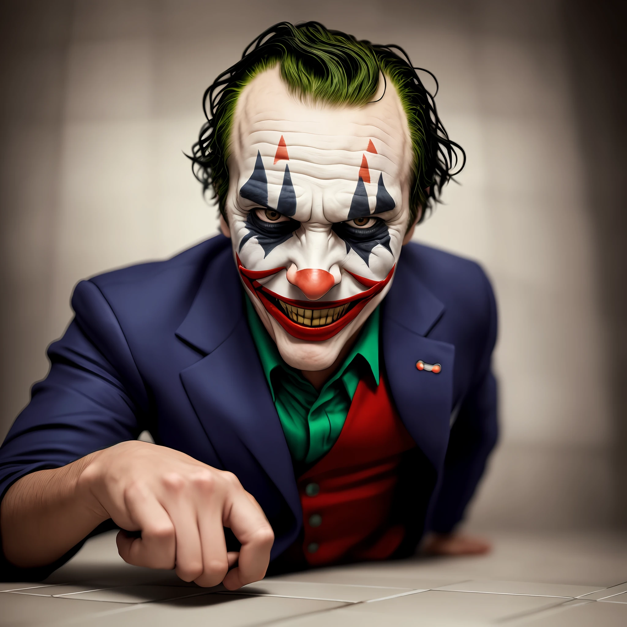 high quality, highres, absurdres, joker, blurry background, angry, evil smile, evil grin, close-up, 1boy, black_eyes, blurry, blurry_background, blurry_foreground, depth_of_field, facial_hair, looking_at_viewer, male_focus, realistic, solo, tile_floor, tiles