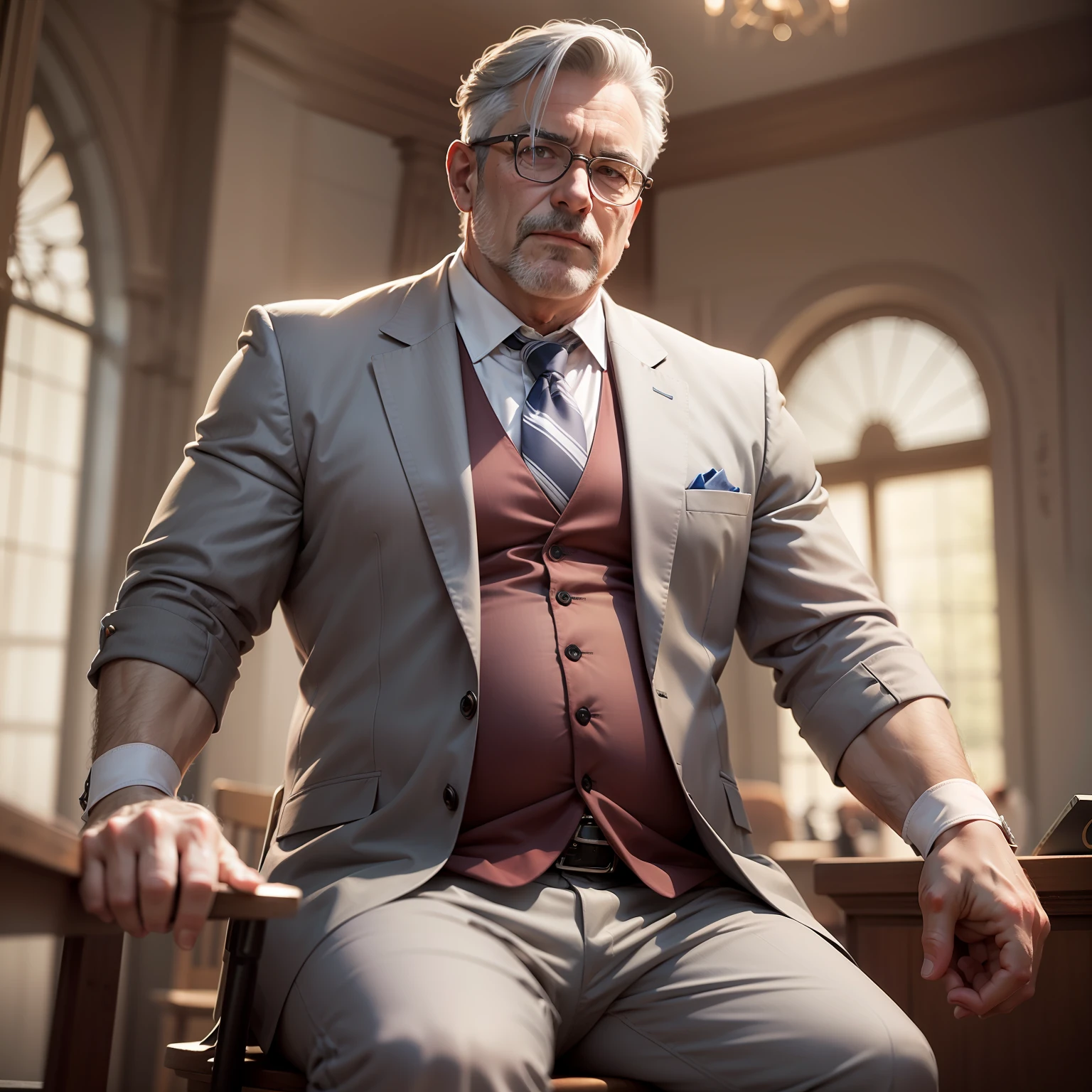 Ultra realistic image of a middle-aged man, gray hair and with entrances, chubby in the belly, dressed elegantly, sitting with his arm raised at an auction