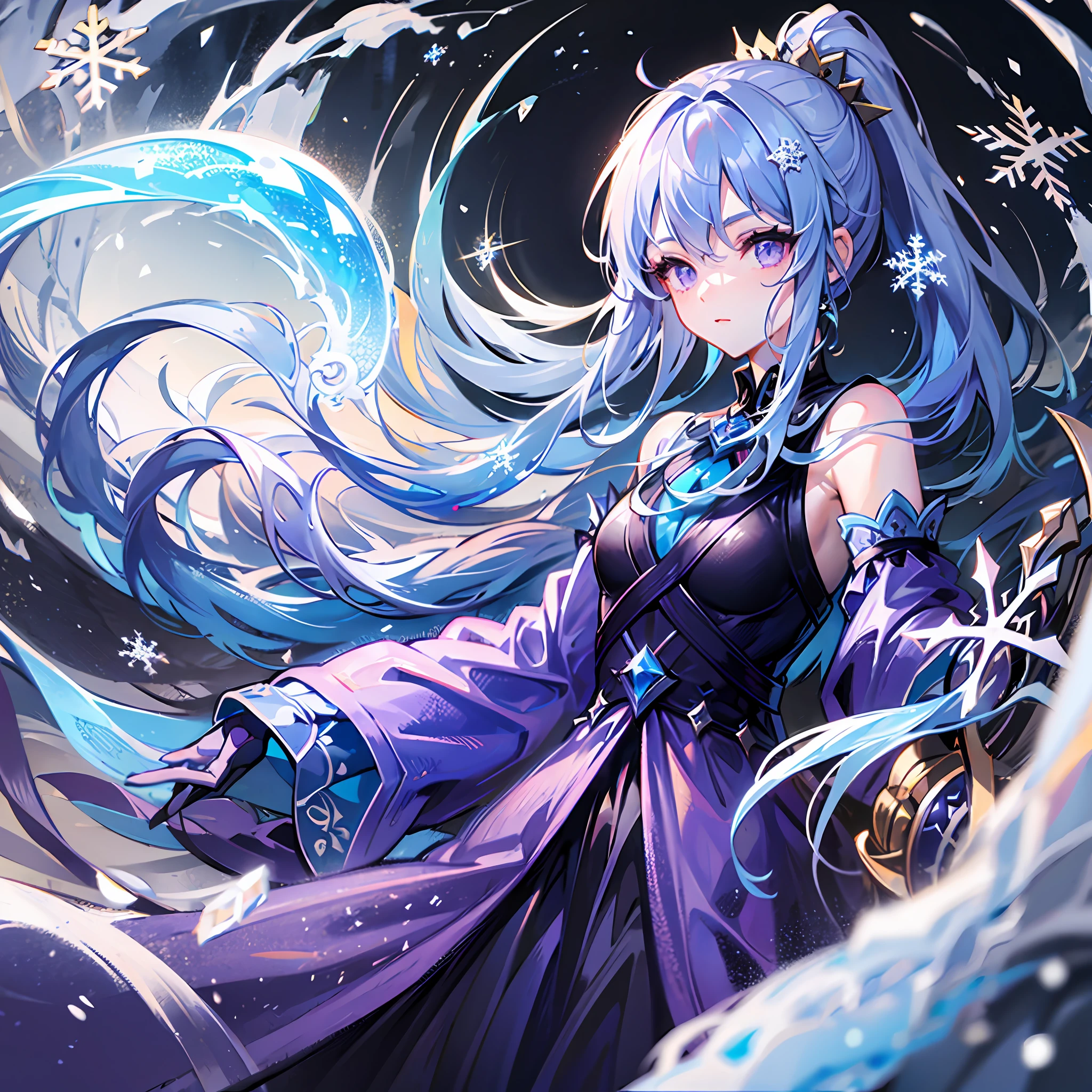 Light blue long hair, purple eyes, blue gorgeous long dress, god of ice and snow, holding a treasure staff, ponytail, girl, (there is a snowflake mark at the center of the eyebrow)