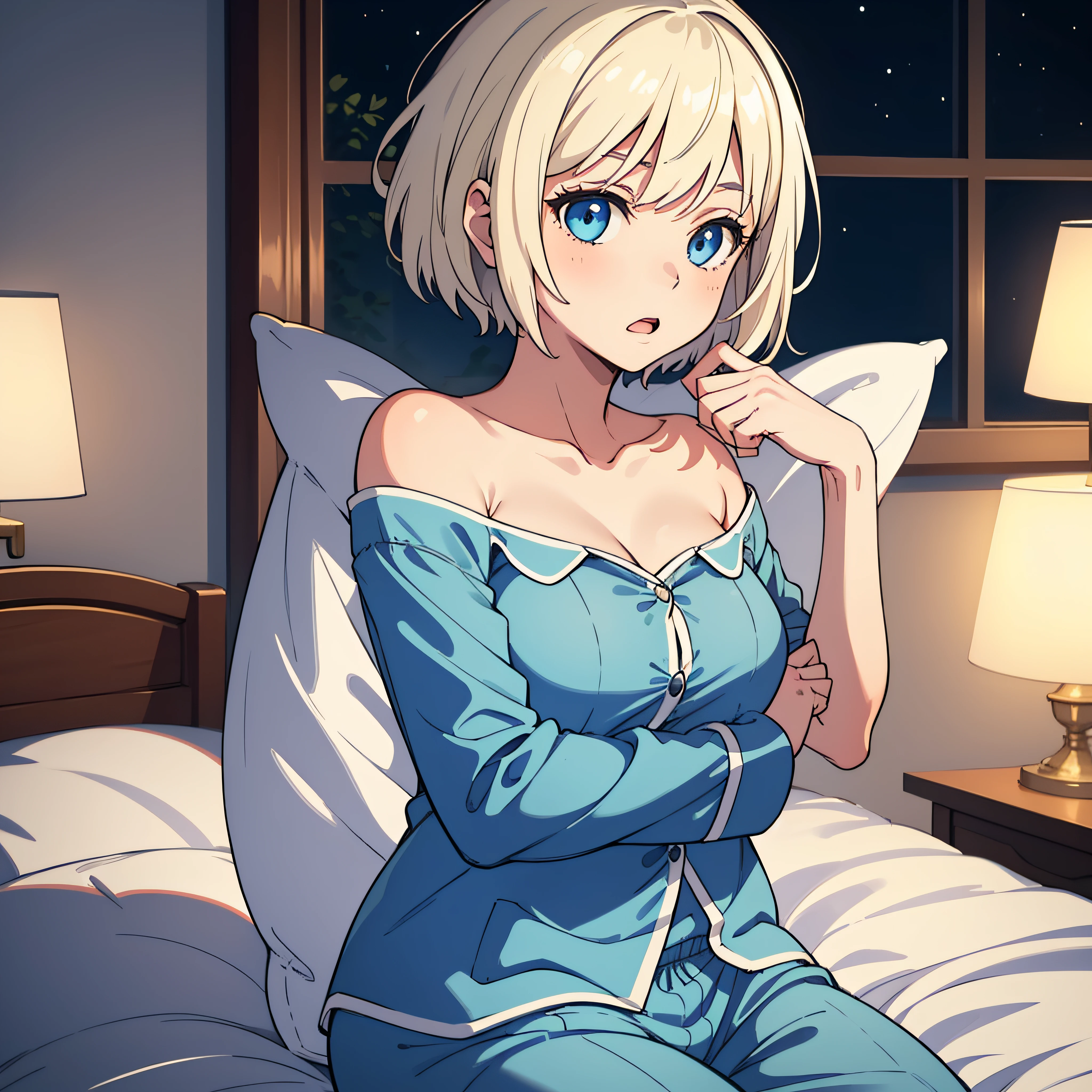 lone girl, masterpiece, best quality, 1girl, platinum blonde hair, short hair, blue eyes, perky breasts,night, pajamas, startled face, figure on bed, oversleeping, waking up